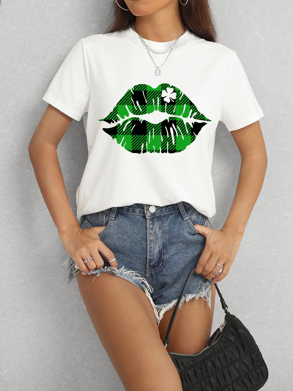 Get trendy with Plaid Lip Graphic Round Neck T-Shirt - Graphic T-Shirts available at Styles Code. Grab yours today!