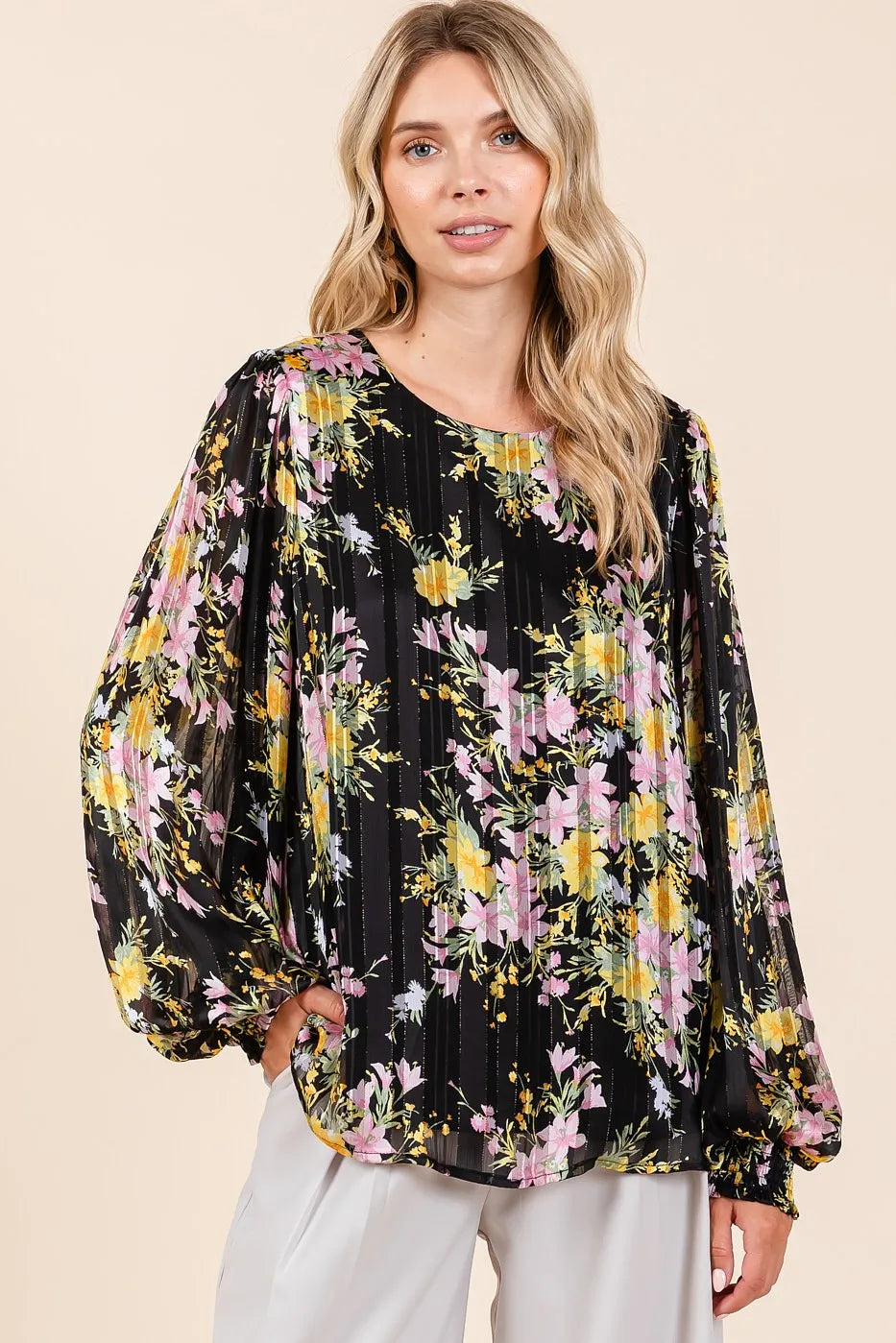 Get trendy with Satin Gold Long Sleeve Chiffon Top - Top available at Styles Code. Grab yours today!