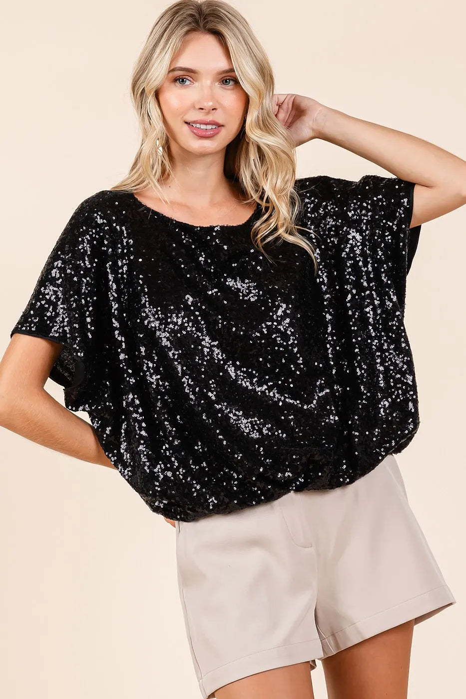 Get trendy with Sequin Short Sleeve Elastic Band Top - Top available at Styles Code. Grab yours today!