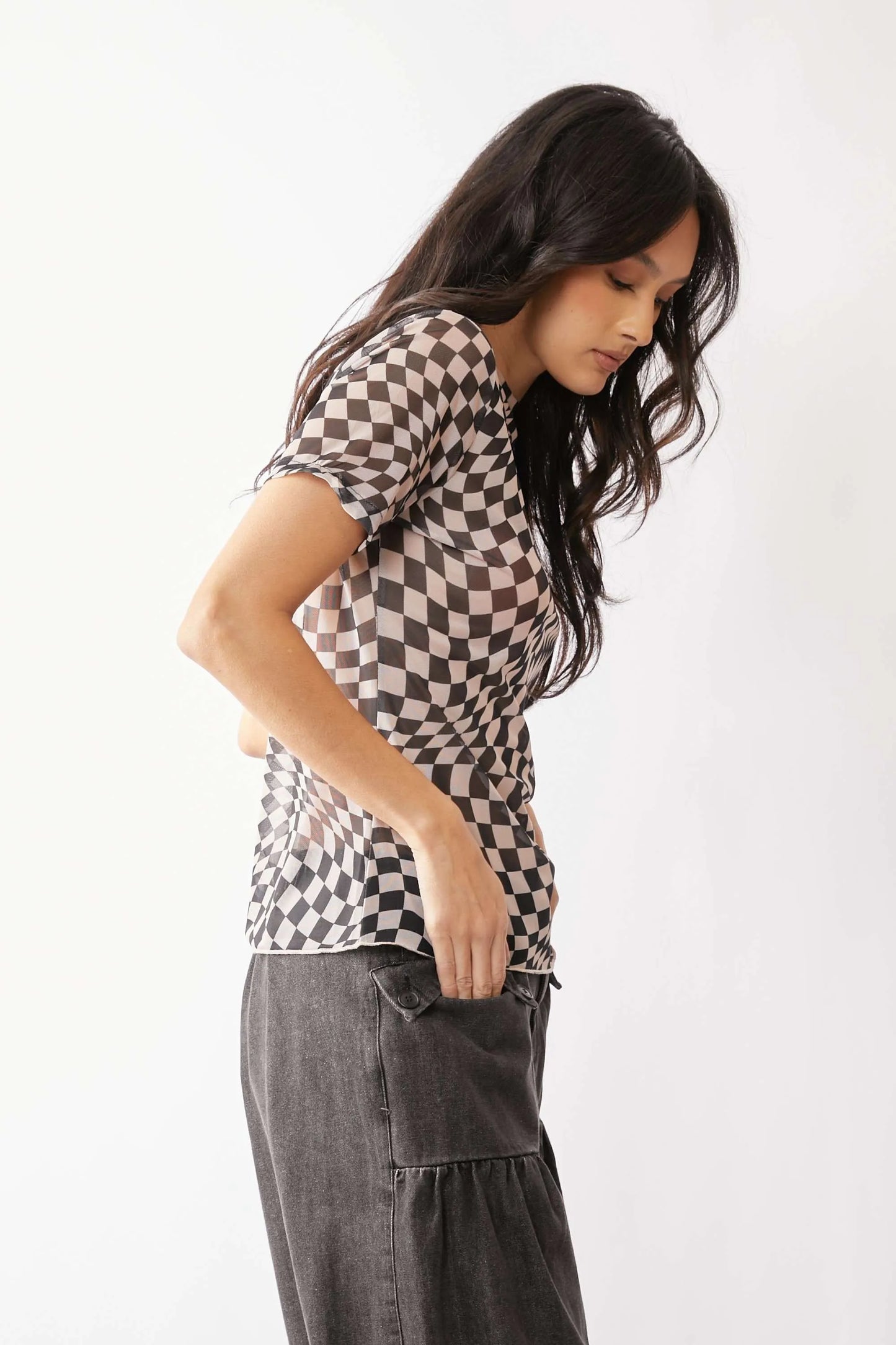 Get trendy with Checker Board Printed Mesh Top - Top available at Styles Code. Grab yours today!