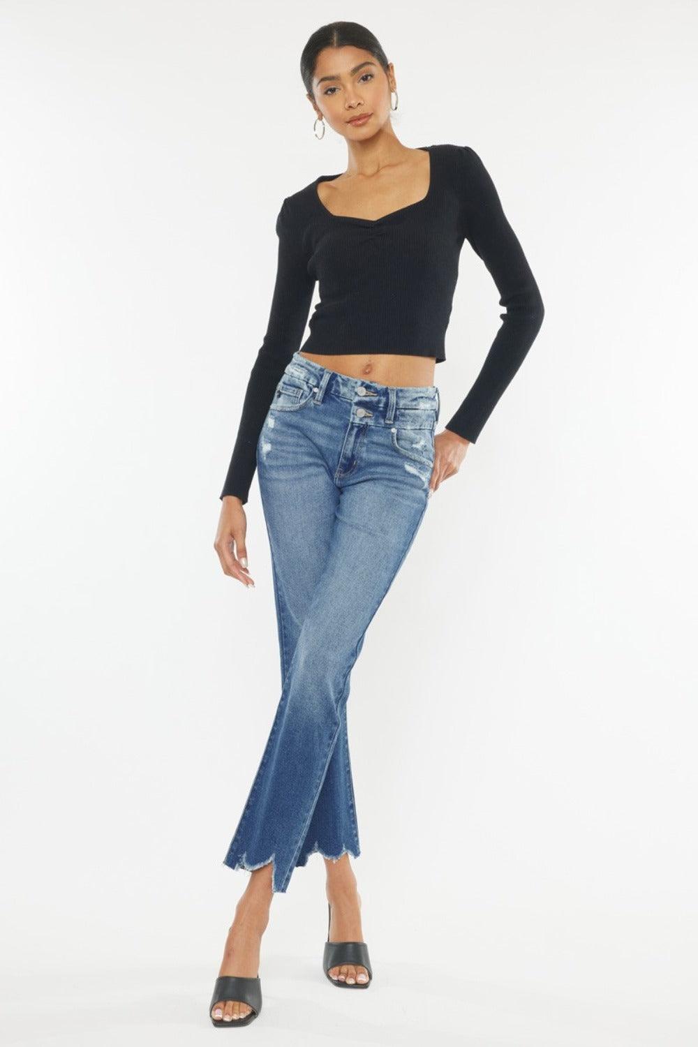 Get trendy with High Rise Wide Waistband Slim Straight Jeans - Jeans available at Styles Code. Grab yours today!