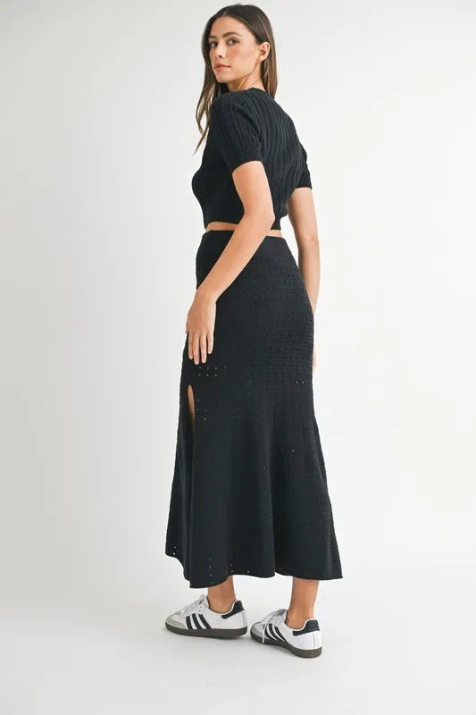 Get trendy with Pointelle Crop Top and Slit Skirt Set - available at Styles Code. Grab yours today!