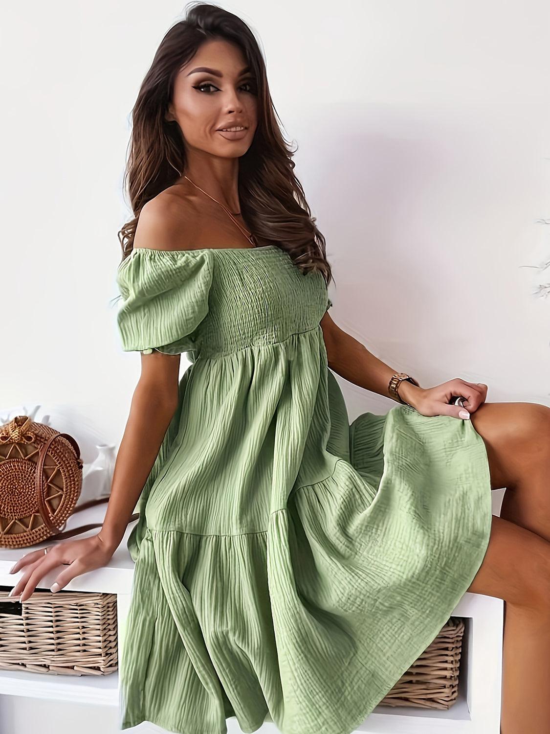 Get trendy with Full Size Ruffled Off-Shoulder Short Sleeve Dress - Dress available at Styles Code. Grab yours today!