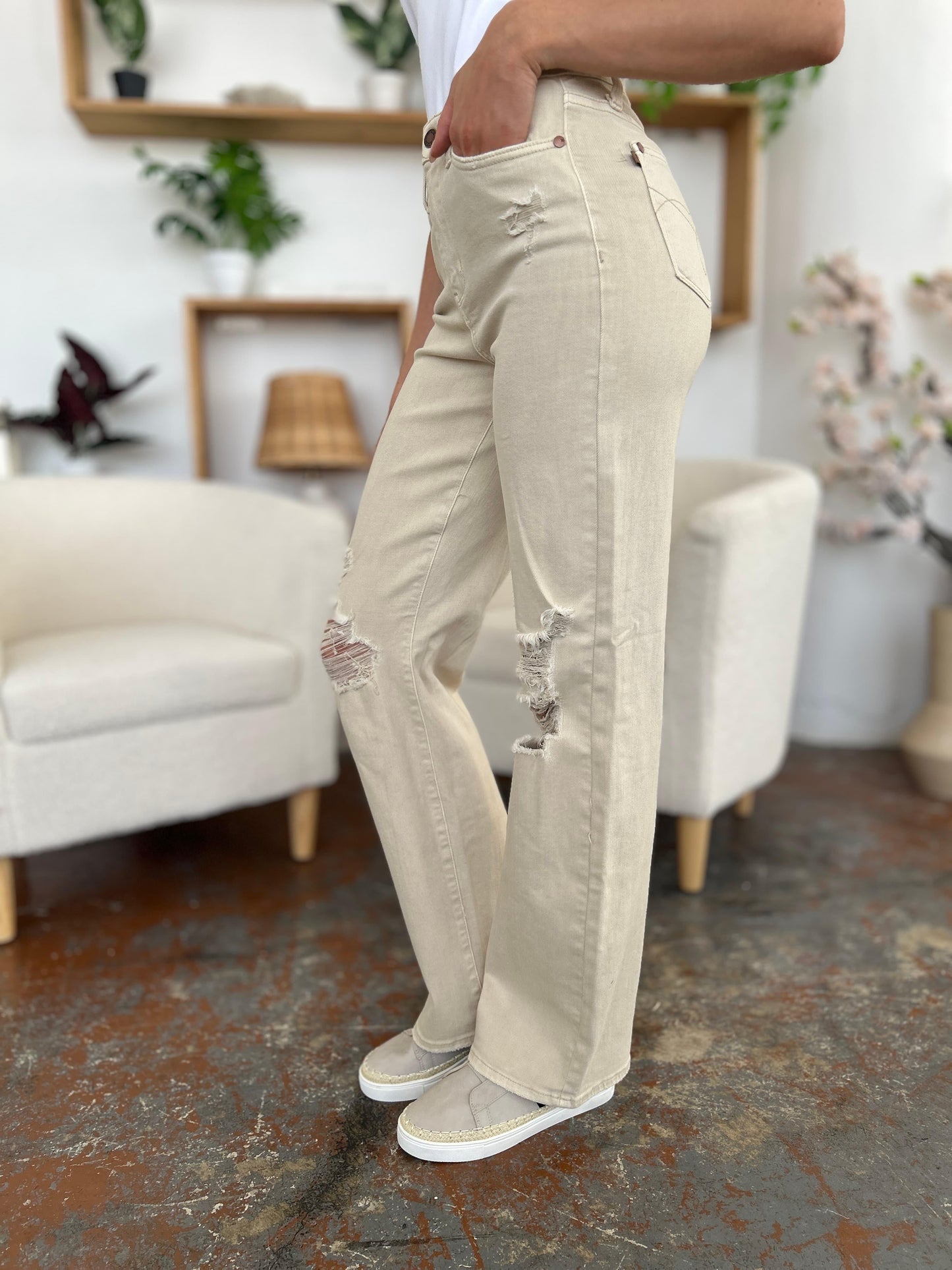 Get trendy with Full Size High Waist Distressed Wide Leg Jeans - Plus Size available at Styles Code. Grab yours today!
