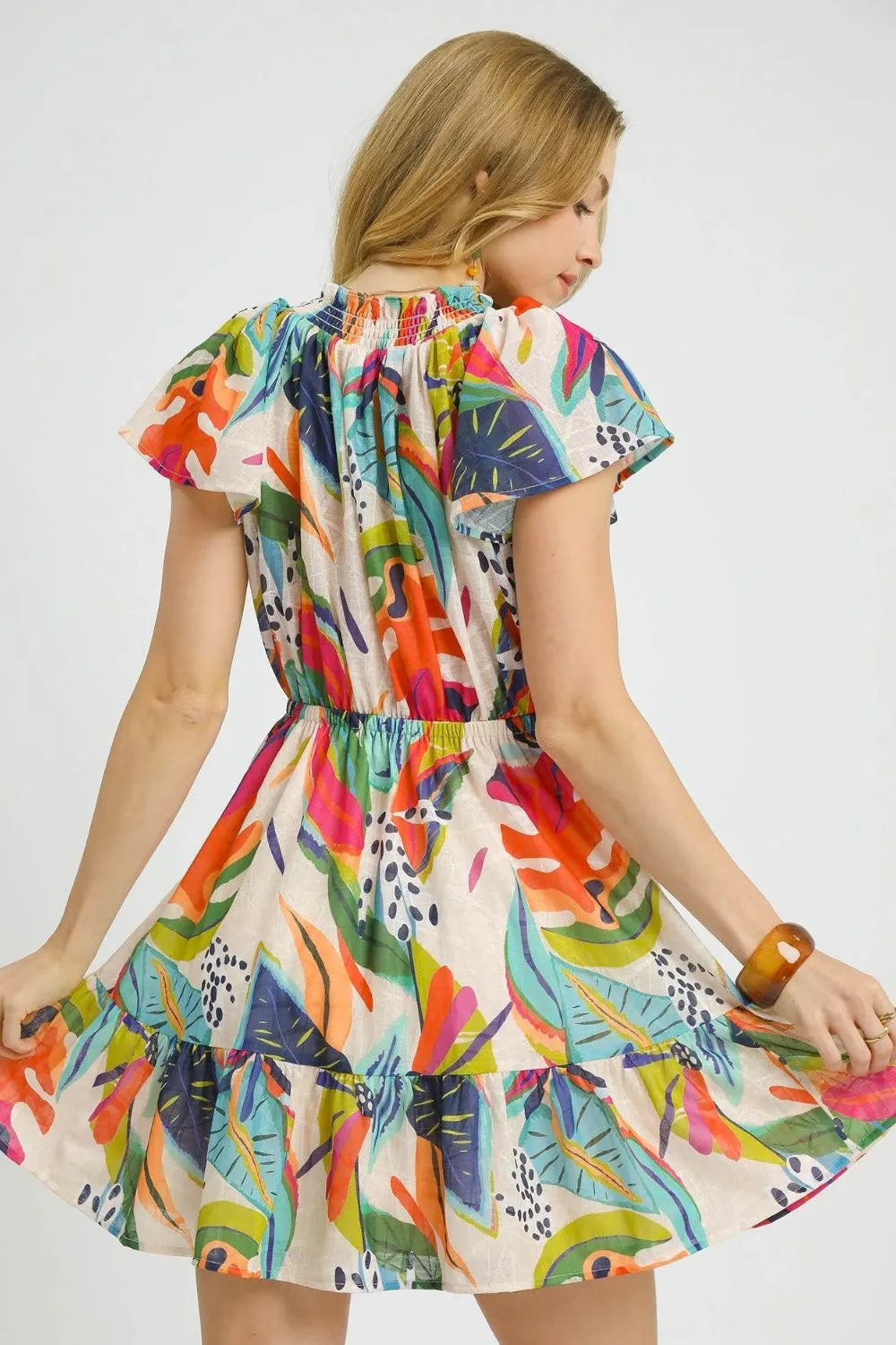 Get trendy with Printed Tie Neck Ruffled Hem Dress - Dress available at Styles Code. Grab yours today!