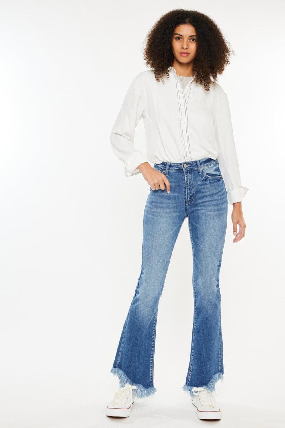 Get trendy with High Rise Frayed Hem Jeans - Jeans available at Styles Code. Grab yours today!