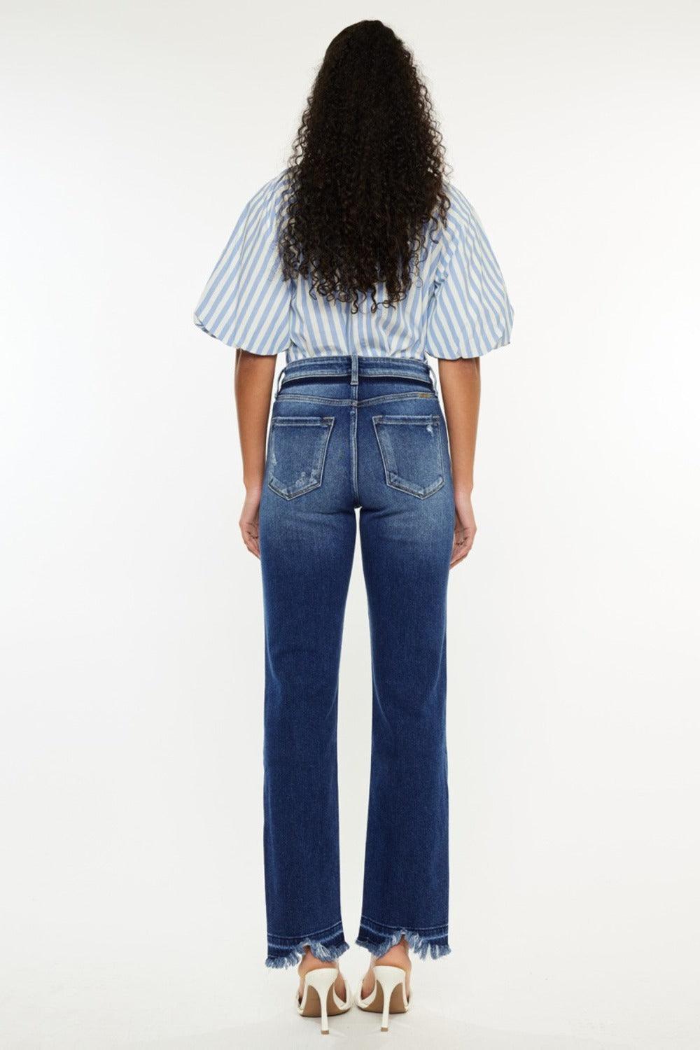 Get trendy with High Rise Distressed Slim Straight Jeans - Jeans available at Styles Code. Grab yours today!