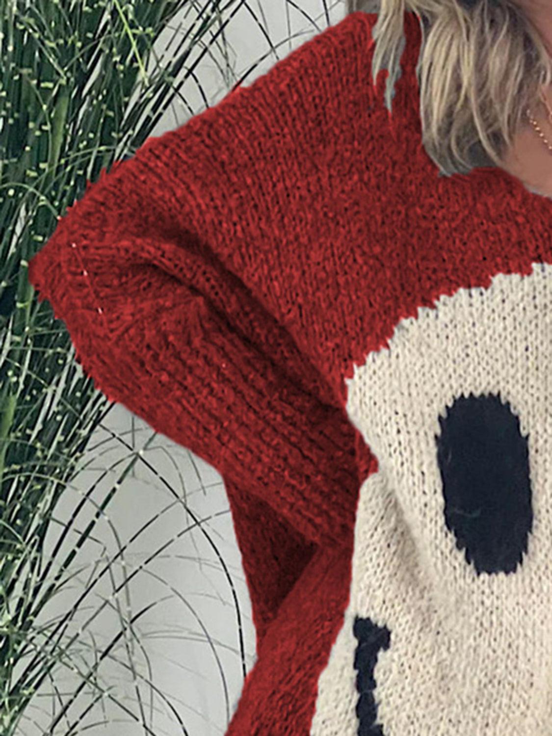Get trendy with Smiling Face V-Neck Long Sleeve Sweater - available at Styles Code. Grab yours today!