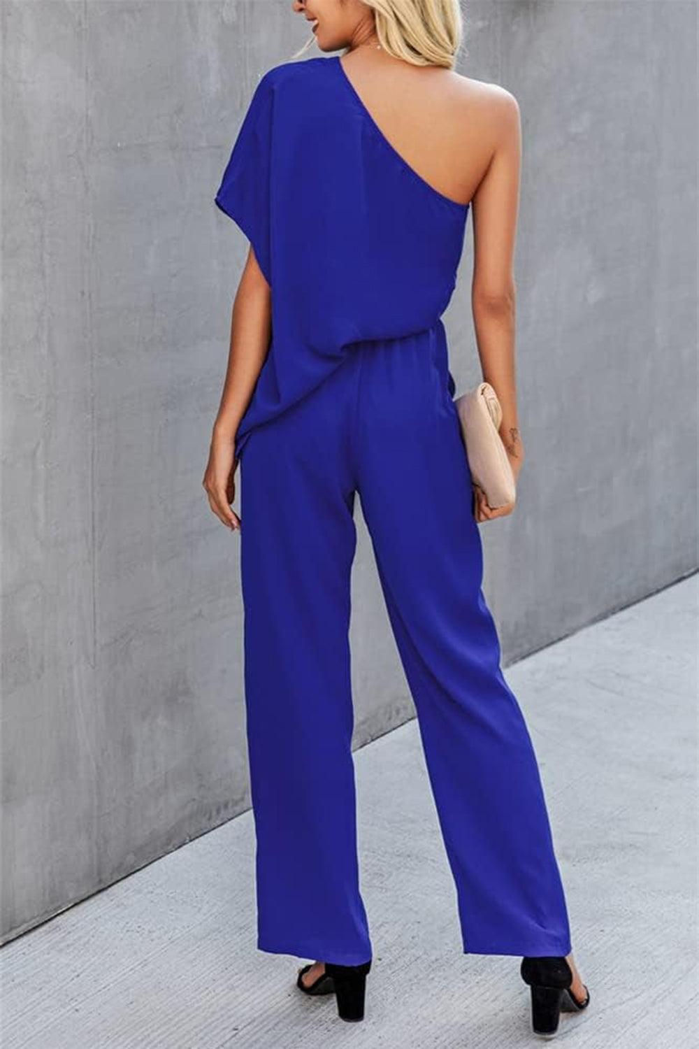Get trendy with Single Shoulder Short Sleeve Jumpsuit - Jumpsuit available at Styles Code. Grab yours today!