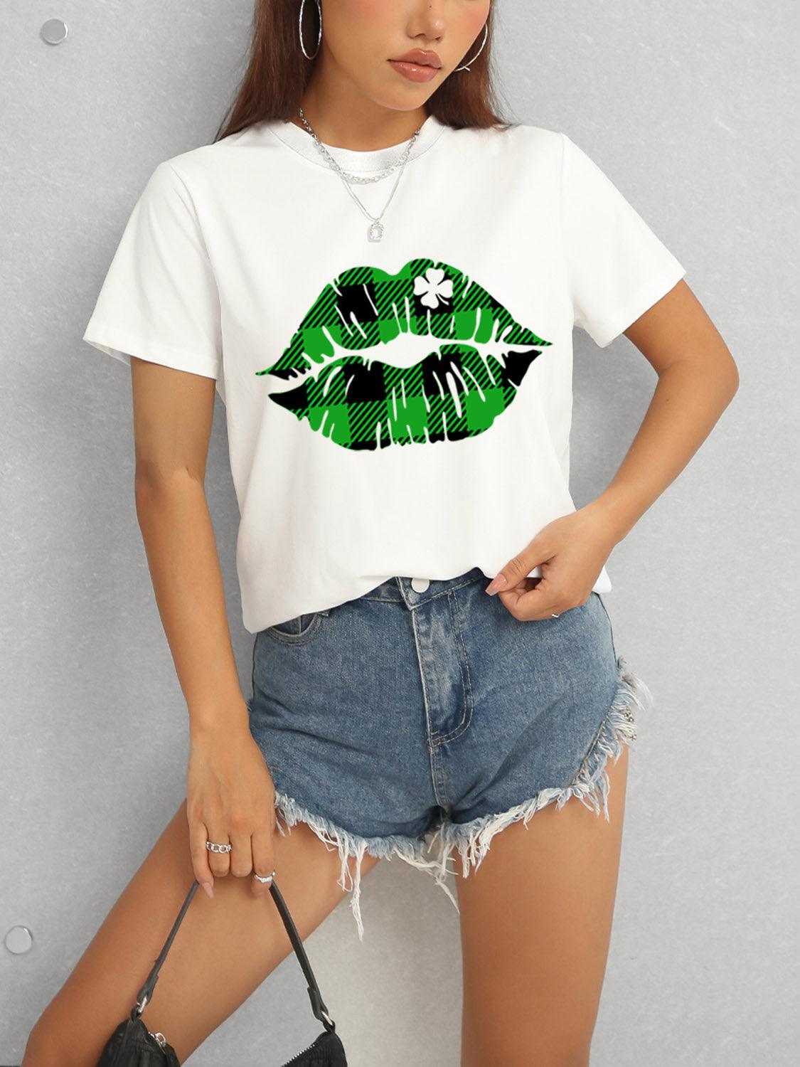 Get trendy with Plaid Lip Graphic Round Neck T-Shirt - Graphic T-Shirts available at Styles Code. Grab yours today!