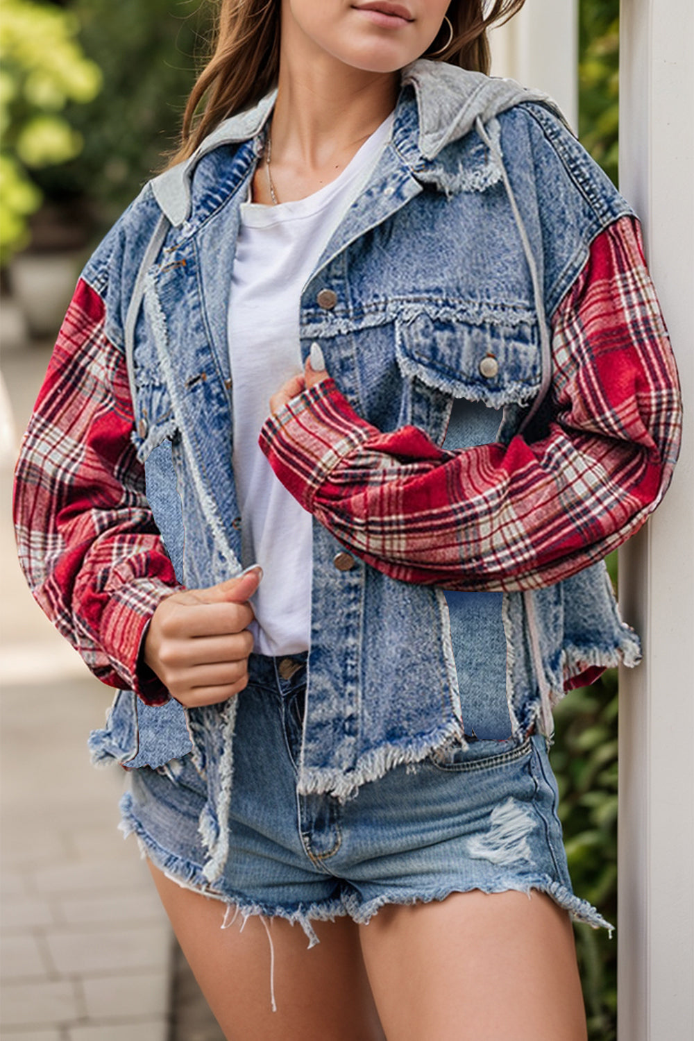 Get trendy with Raw Hem Plaid Denim Jacket - Denim Jacket available at Styles Code. Grab yours today!