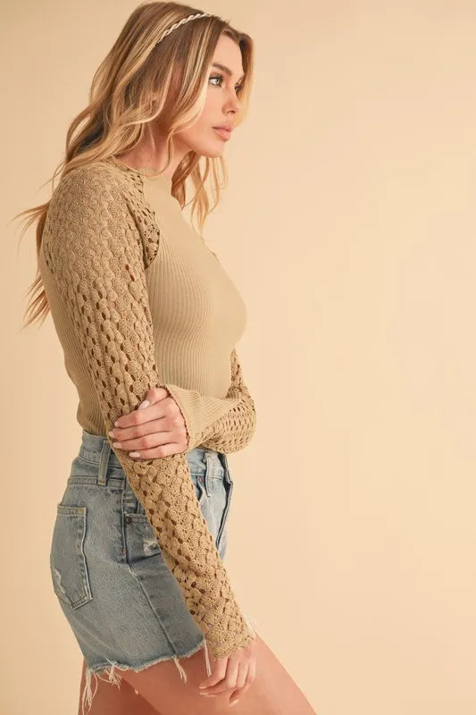 Get trendy with Ribbed Knit Top with Crochet Sleeve - available at Styles Code. Grab yours today!