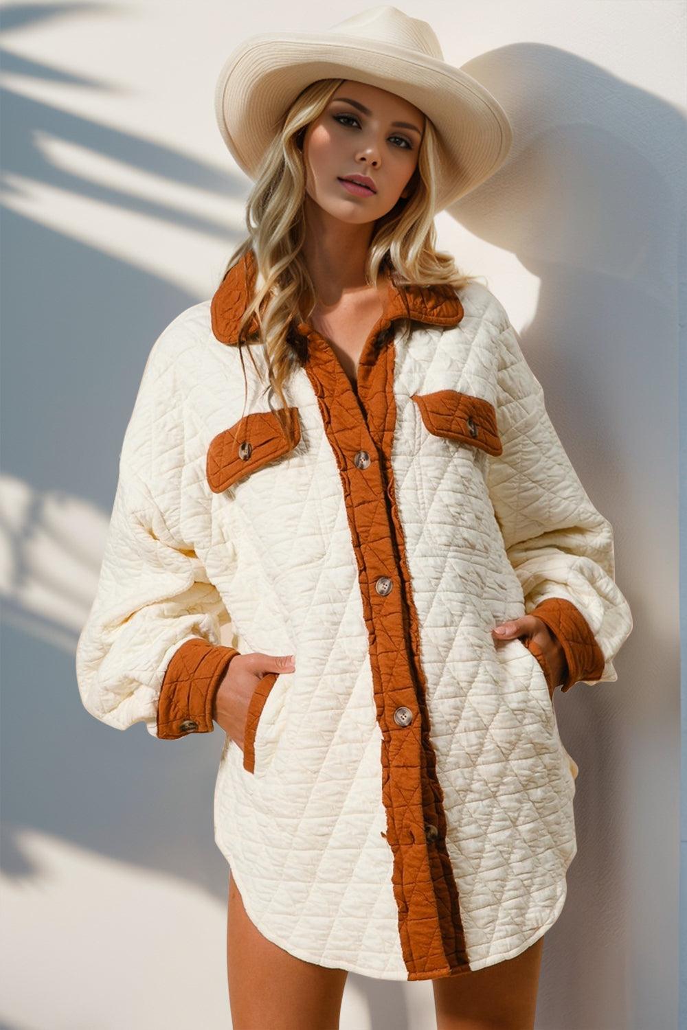 Get trendy with Double Take Full Size Contrast Button Up Quilted Shacket - available at Styles Code. Grab yours today!