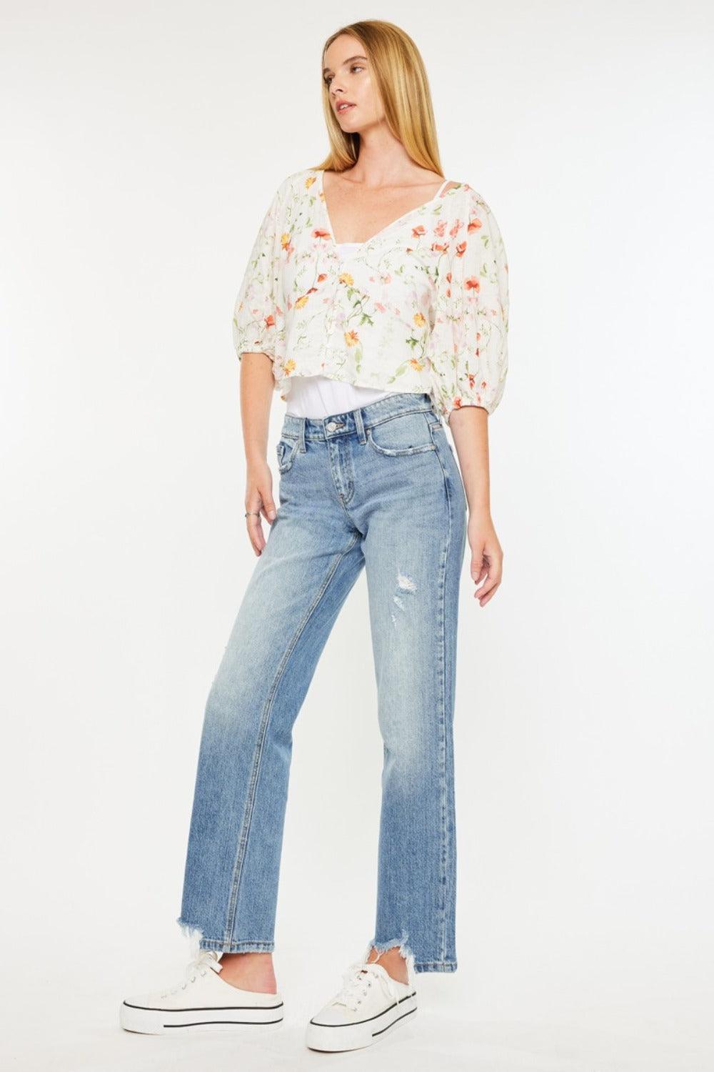 Get trendy with Mid Rise Frayed Hem Straight Jeans - Jeans available at Styles Code. Grab yours today!