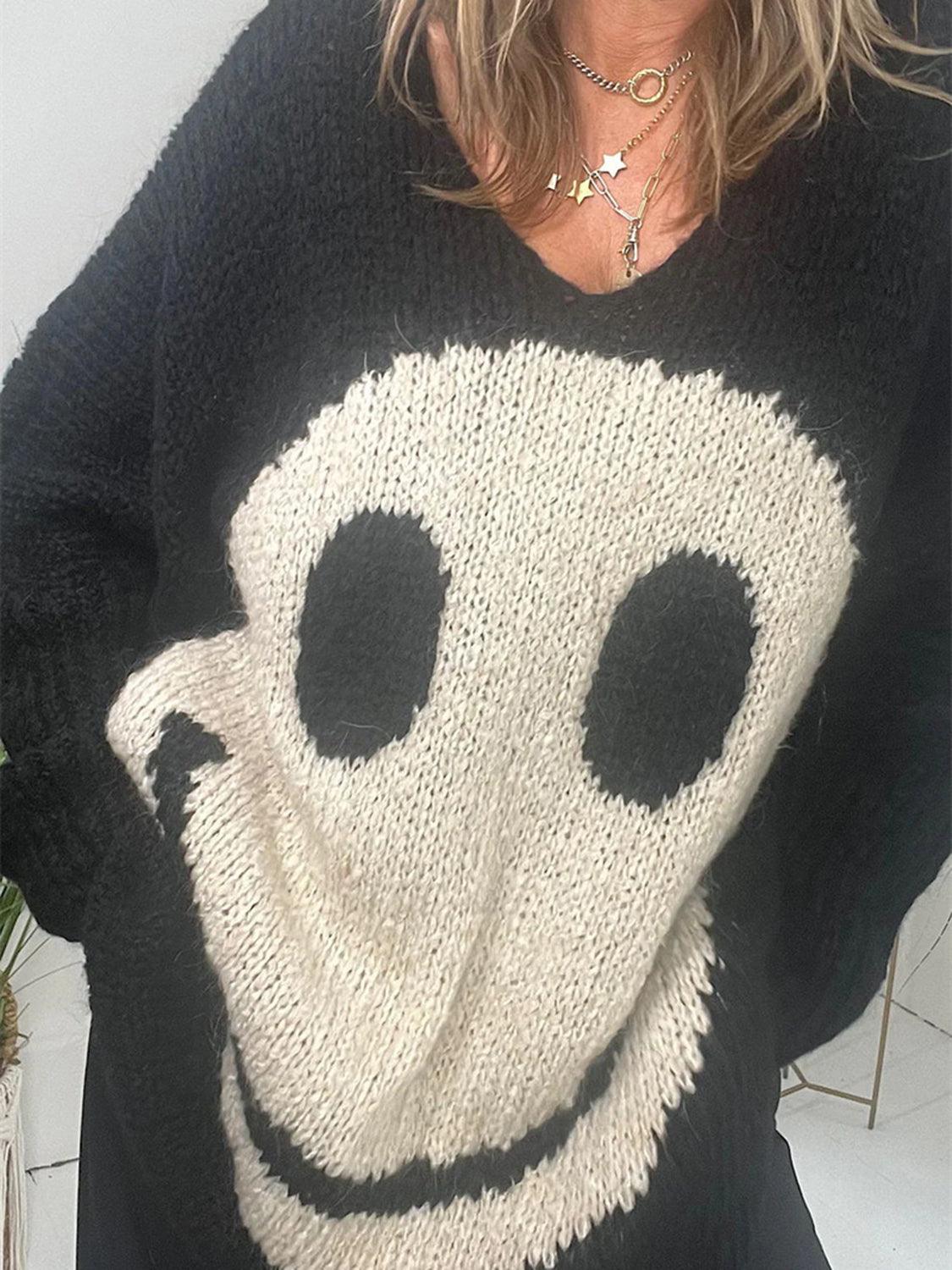 Get trendy with Smiling Face V-Neck Long Sleeve Sweater - available at Styles Code. Grab yours today!