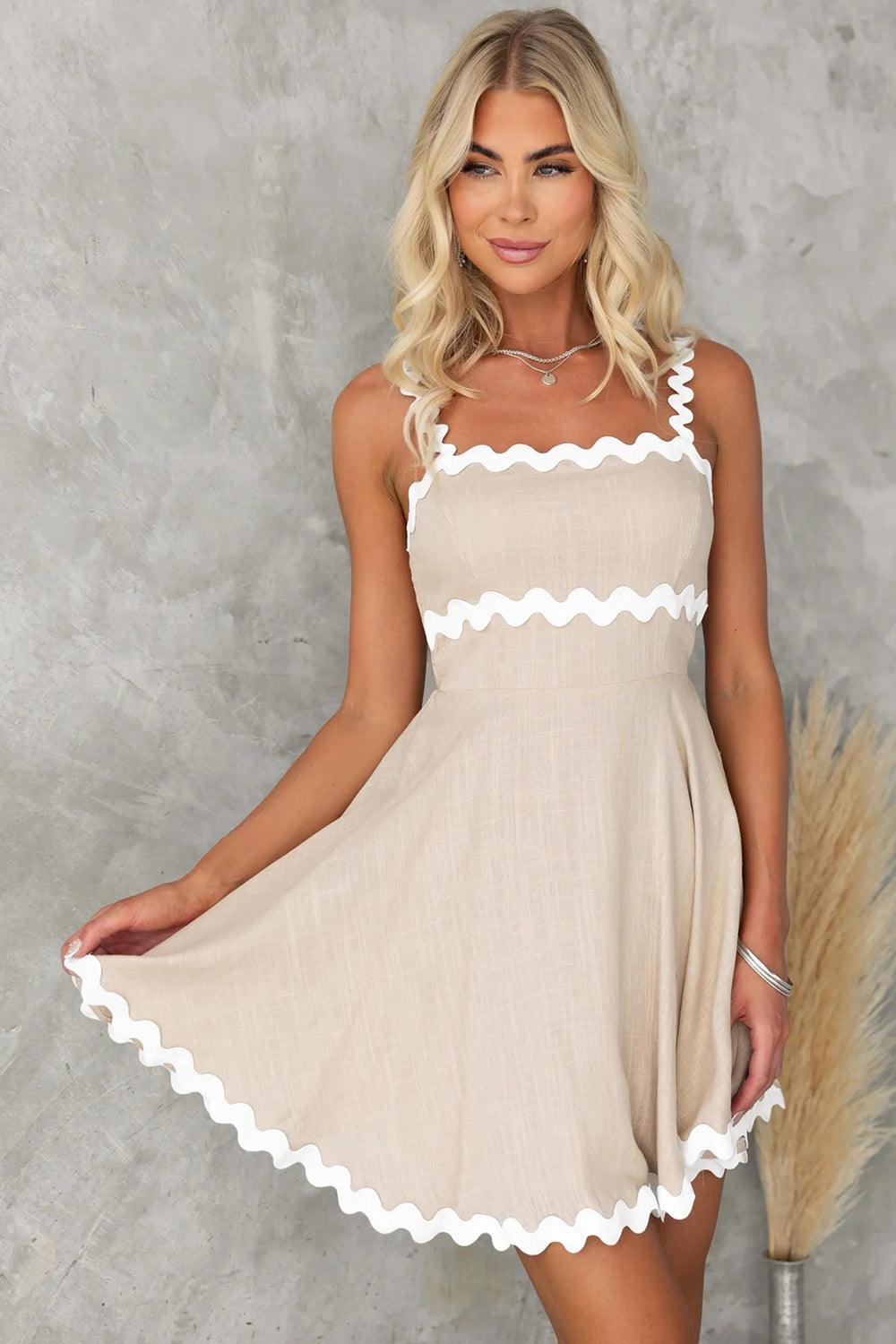 Get trendy with Contrast Trim Square Neck Mini Dress - Dress available at Styles Code. Grab yours today!