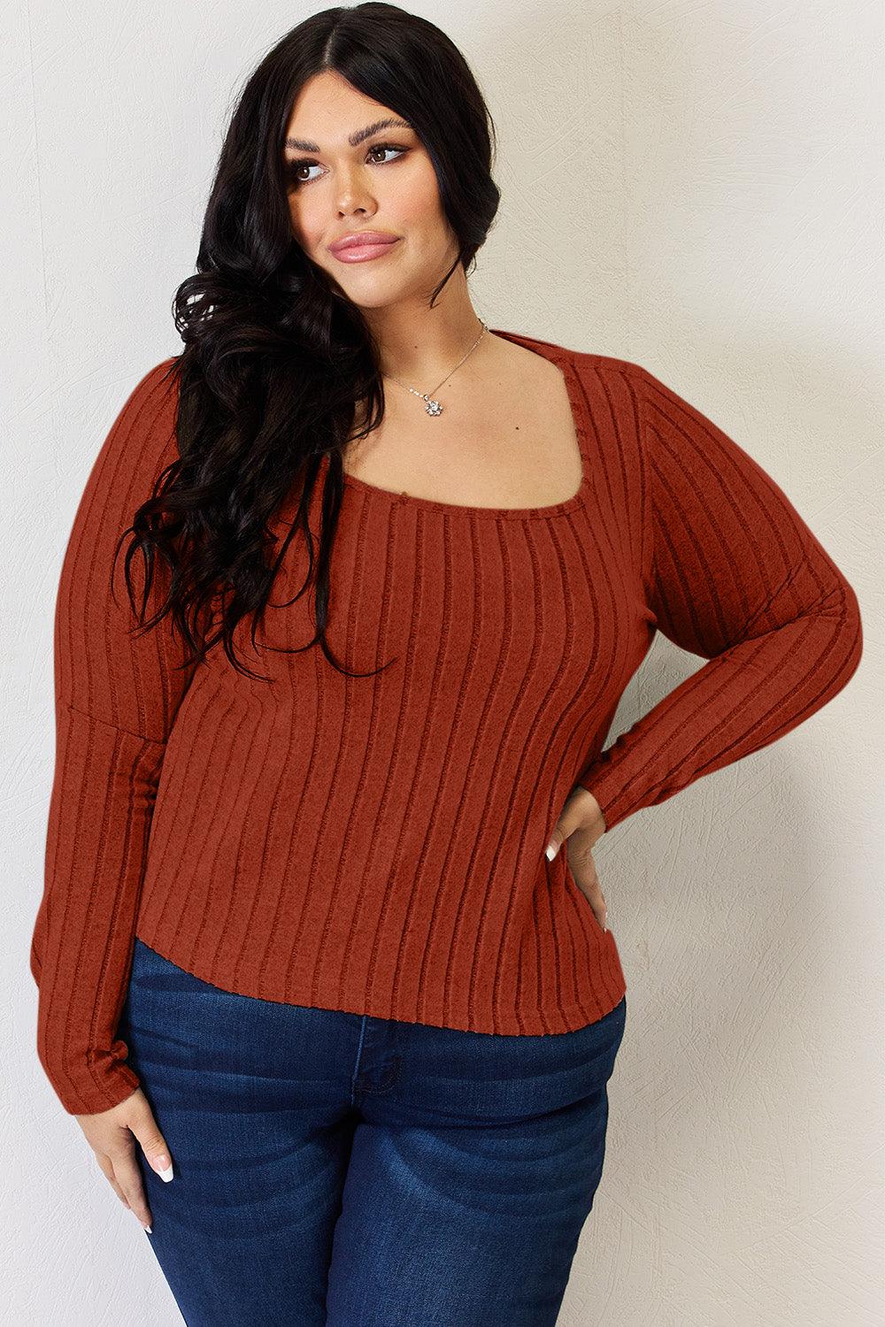 Get trendy with Full Size Ribbed Long Sleeve T-Shirt - T-Shirt available at Styles Code. Grab yours today!