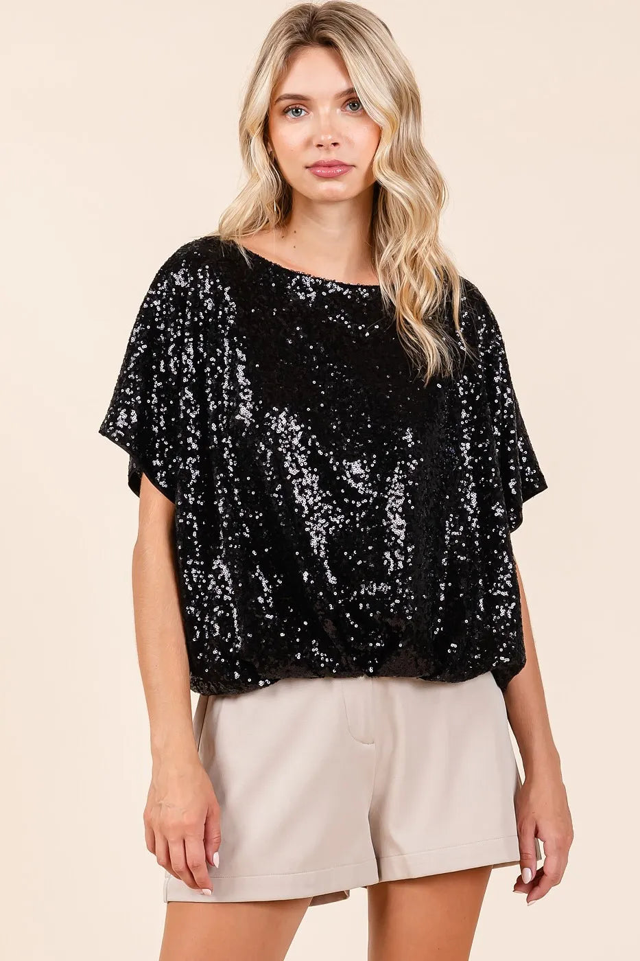 Get trendy with Sequin Short Sleeve Elastic Band Top - Top available at Styles Code. Grab yours today!