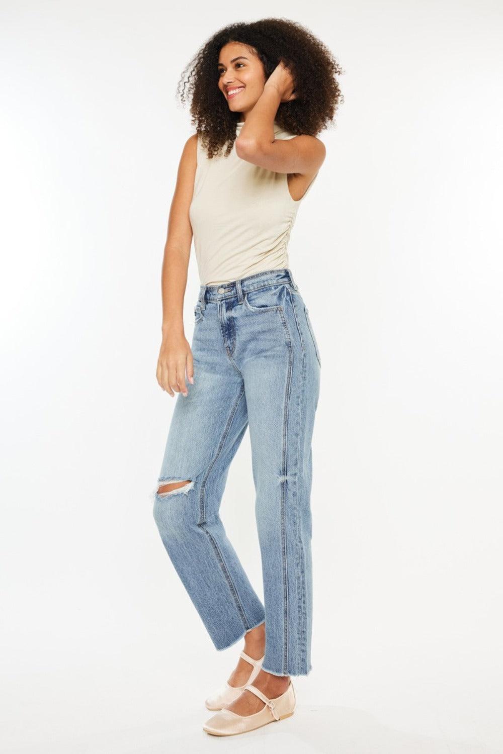 Get trendy with Ultra High Rise Distressed Straight Jeans - Jeans available at Styles Code. Grab yours today!
