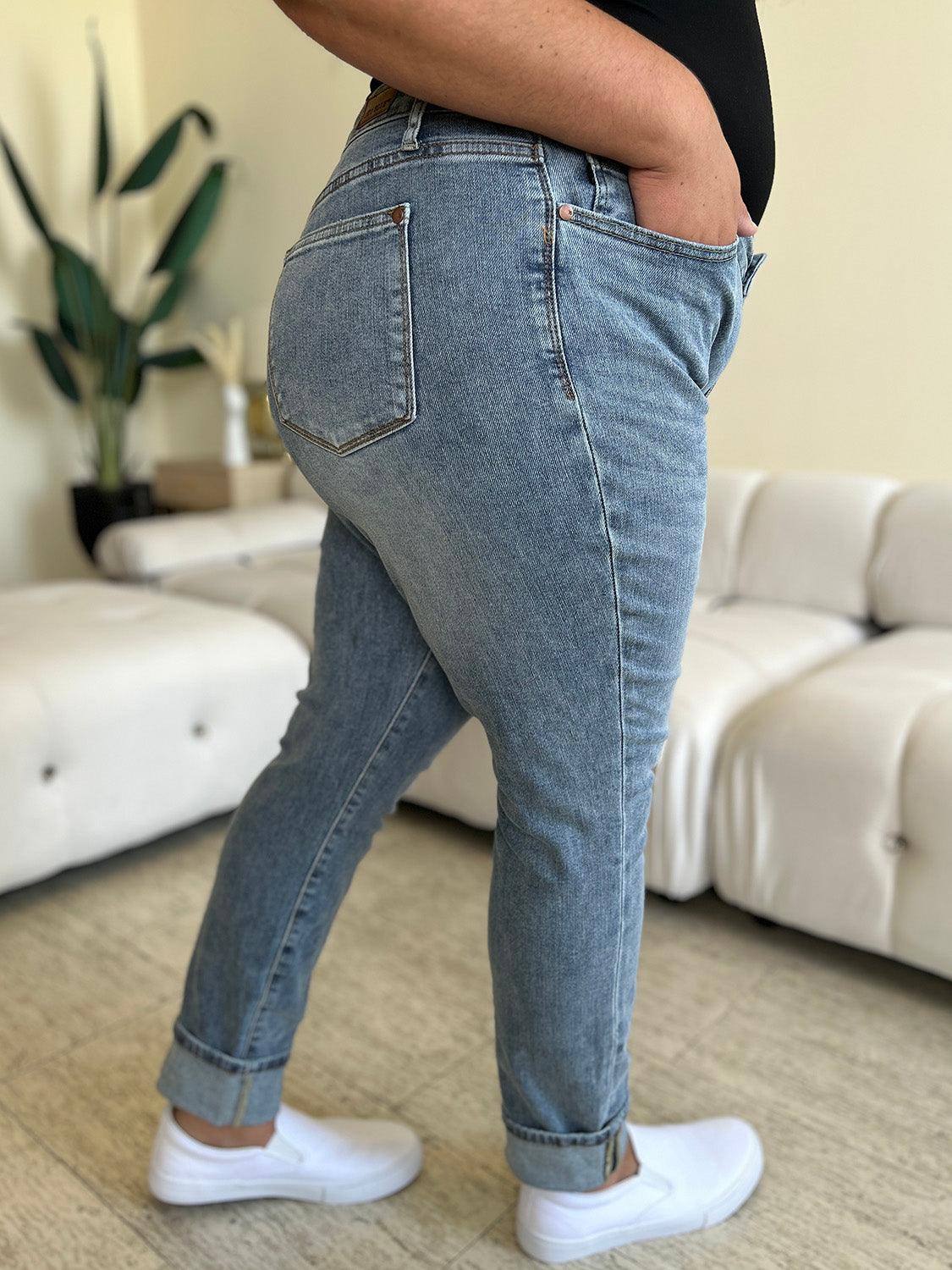 Get trendy with Full Size High Waist Cuff Hem Jeans - Plus Size available at Styles Code. Grab yours today!