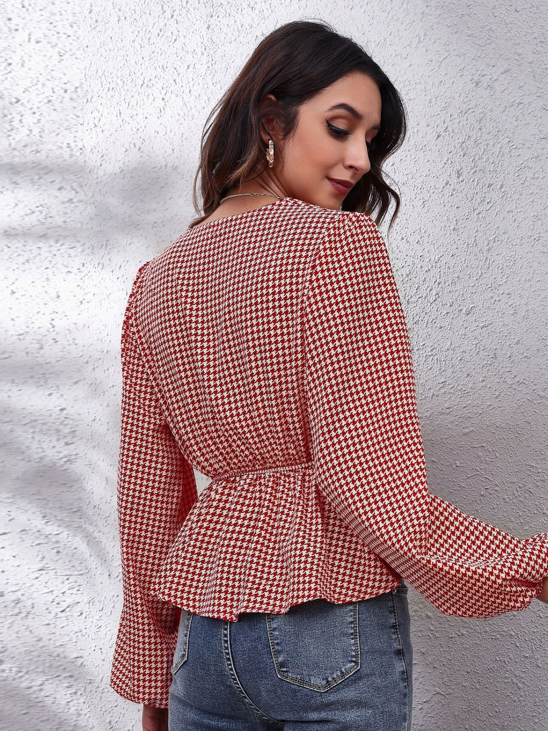 Get trendy with Ruched Printed V-Neck Blouse - Blouse available at Styles Code. Grab yours today!