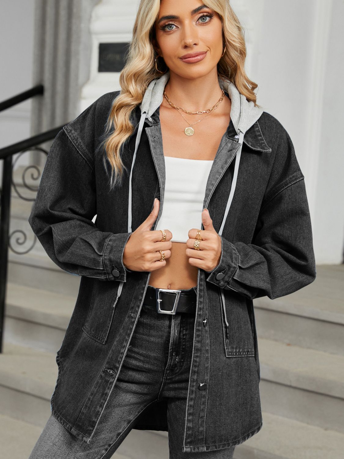 Get trendy with Removable Hood Denim Jacket - Denim Jacket available at Styles Code. Grab yours today!