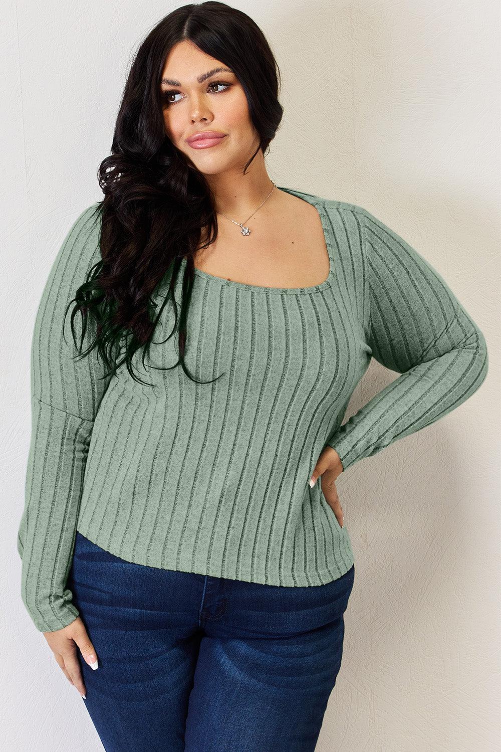 Get trendy with Full Size Ribbed Long Sleeve T-Shirt - T-Shirt available at Styles Code. Grab yours today!