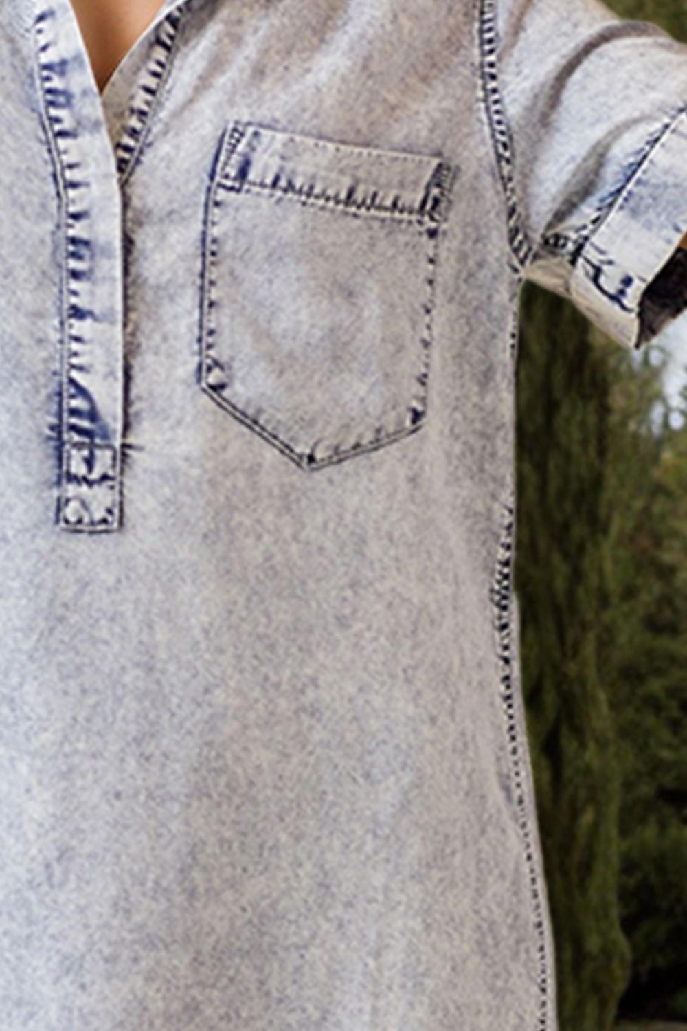 Get trendy with Pocketed Collared Neck Denim Dress - Denim Dress available at Styles Code. Grab yours today!