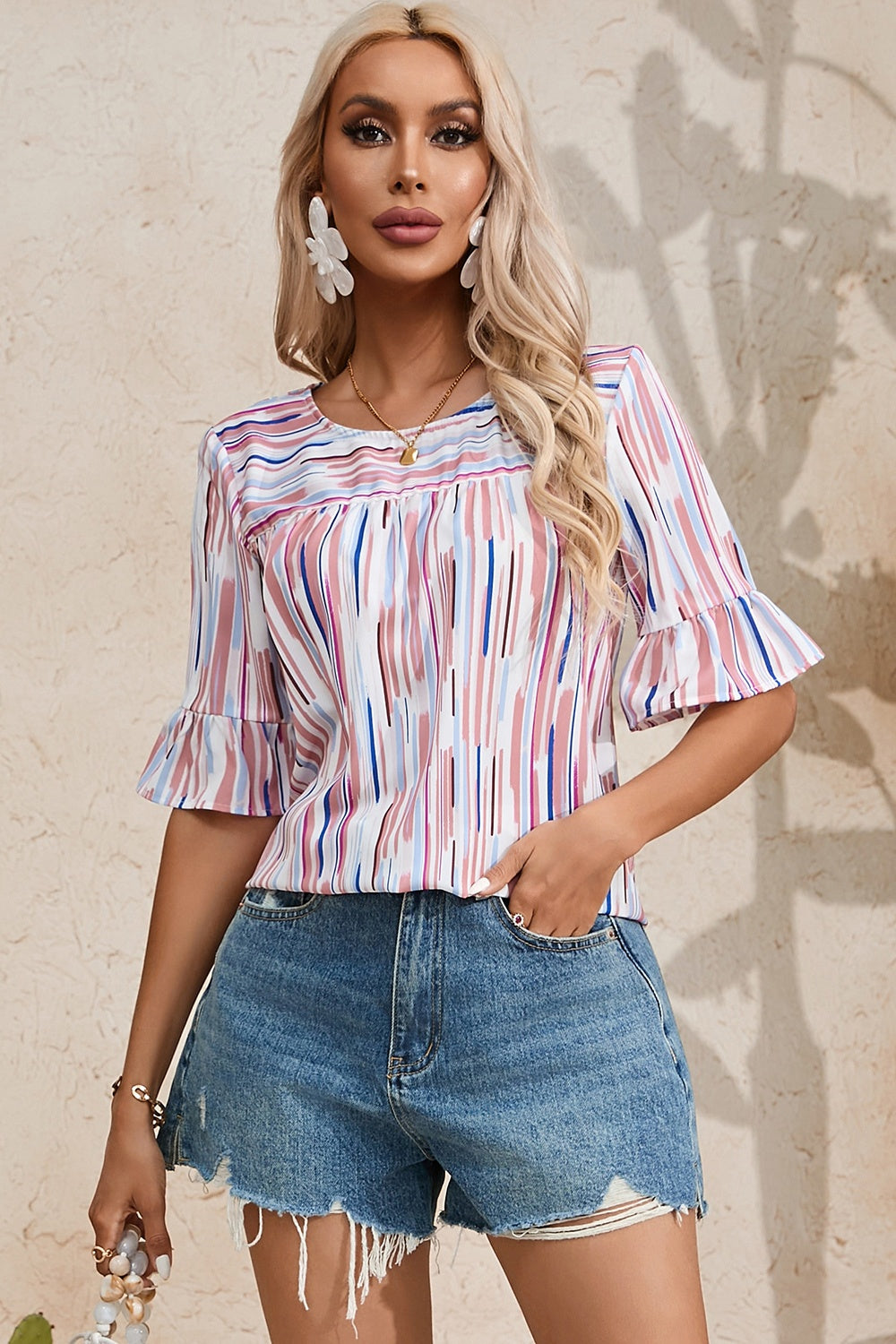 Get trendy with Printed Flounce Sleeve Blouse - Blouse available at Styles Code. Grab yours today!