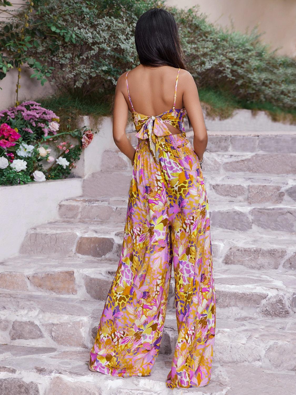 Get trendy with Cutout Printed Spaghetti Strap Jumpsuit - Jumpsuit available at Styles Code. Grab yours today!