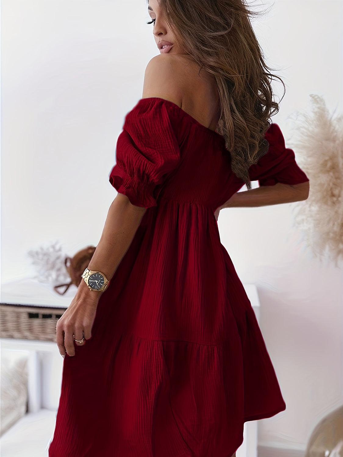 Get trendy with Full Size Ruffled Off-Shoulder Short Sleeve Dress - Dress available at Styles Code. Grab yours today!