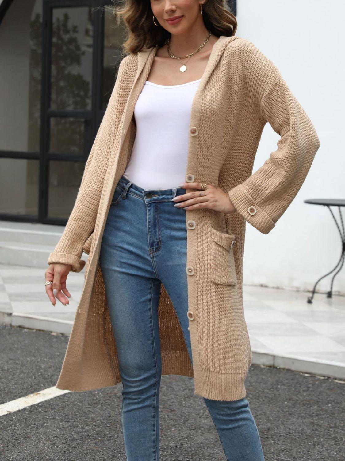 Get trendy with Pocketed Button Up Long Sleeve Hooded Cardigan - available at Styles Code. Grab yours today!