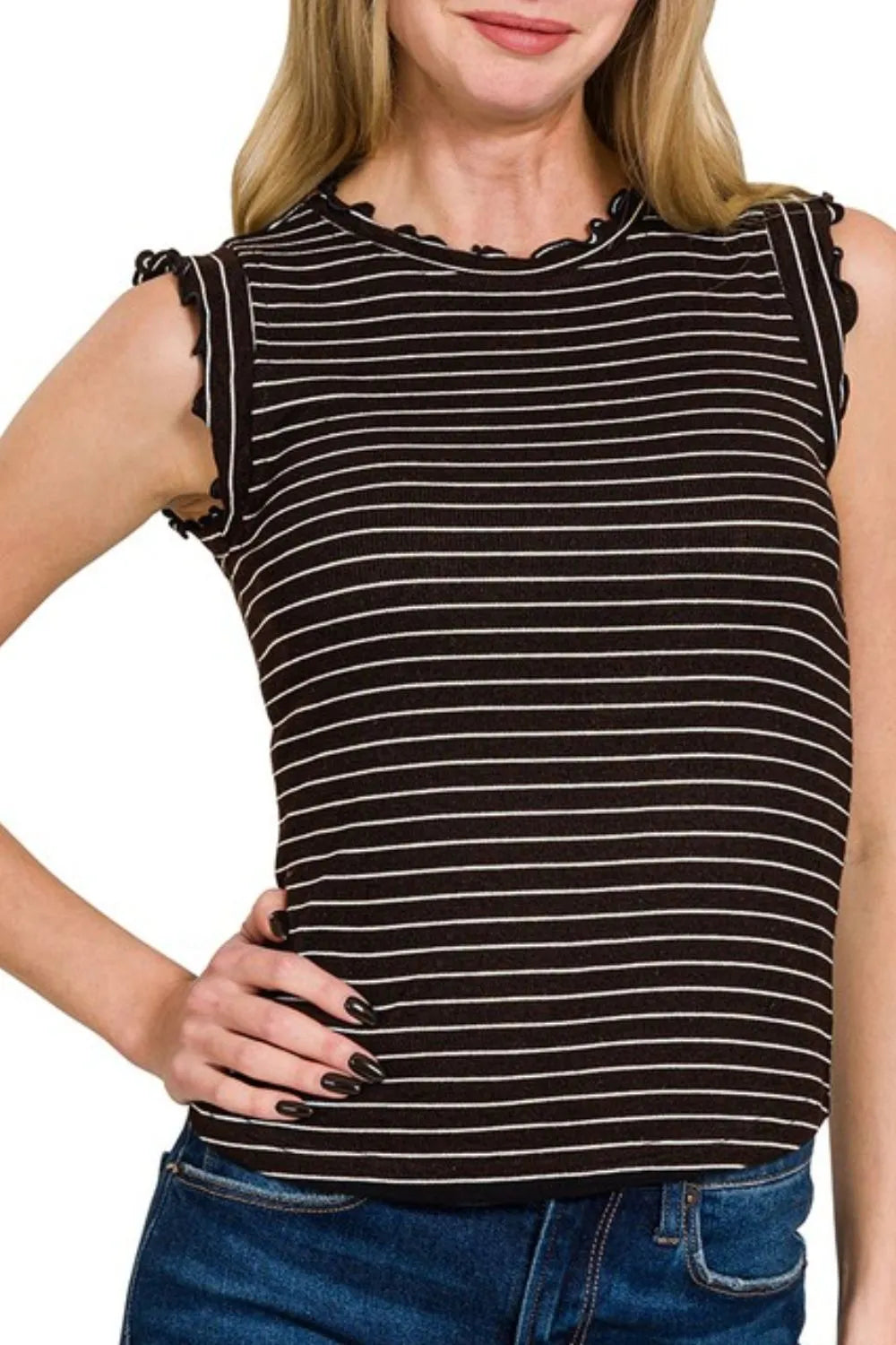 Get trendy with Ruffle Trim Sleeveless Stripe Top - Top available at Styles Code. Grab yours today!