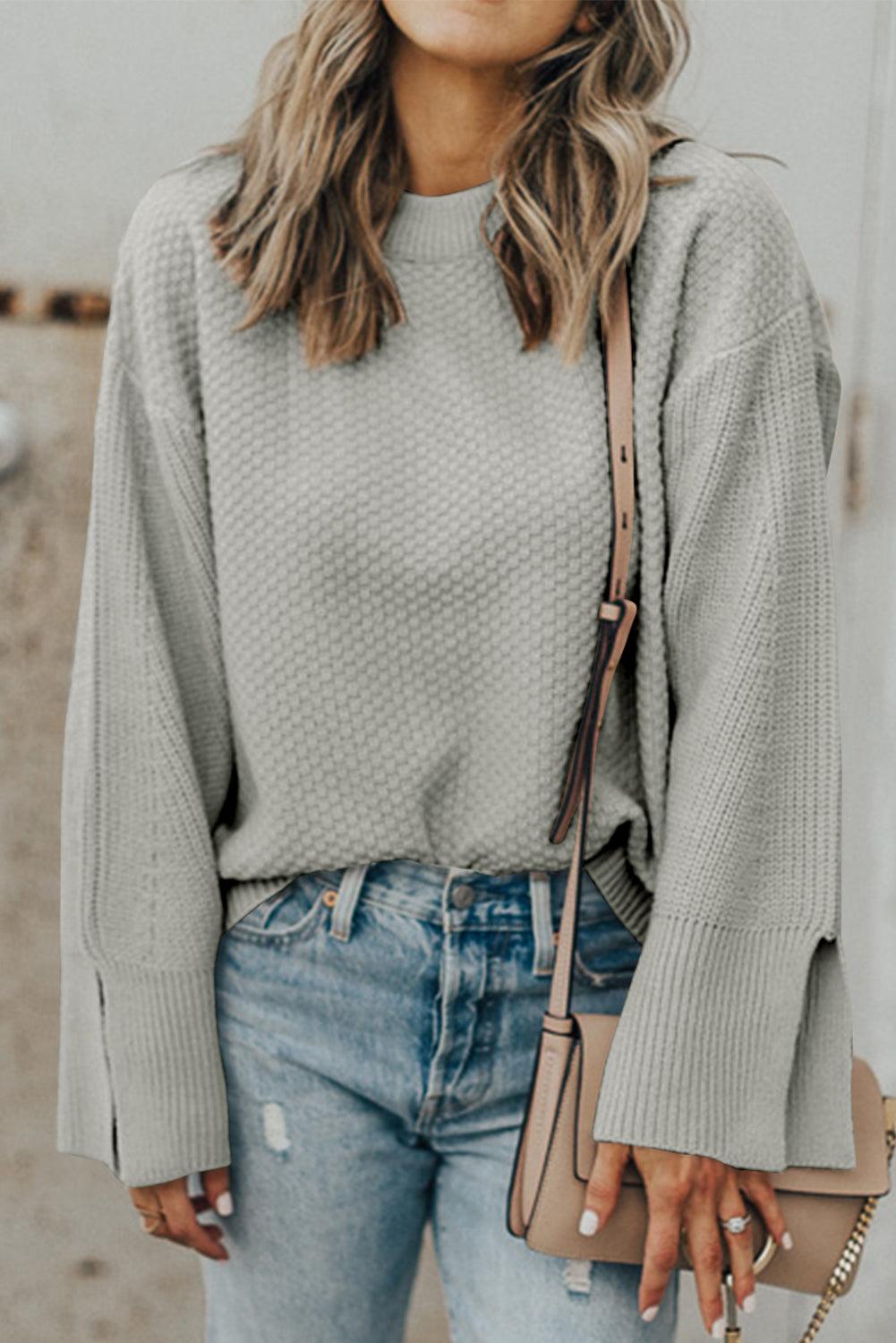 Get trendy with Textured Round Neck Long Sleeve Sweater - available at Styles Code. Grab yours today!