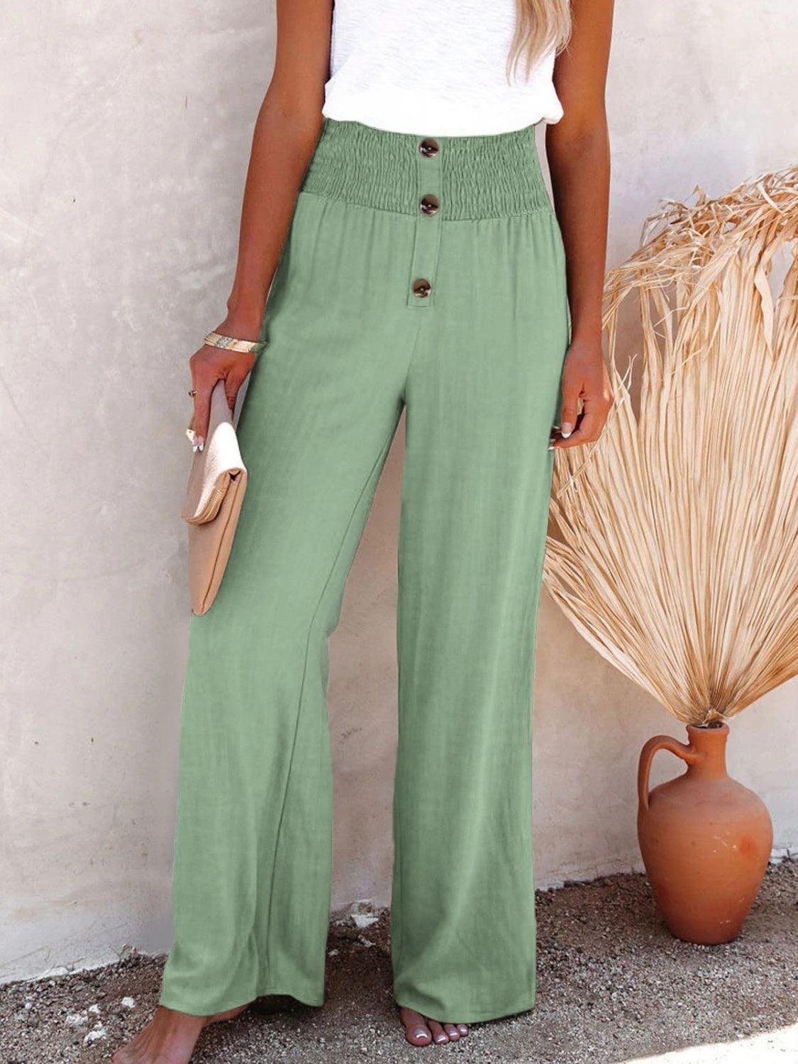 Get trendy with Full Size Decorative Button High Waist Pants - Pants available at Styles Code. Grab yours today!