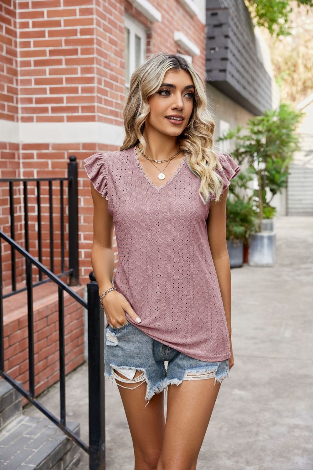 Get trendy with Flutter Sleeve Scalloped V-Neck Top - Blouse available at Styles Code. Grab yours today!