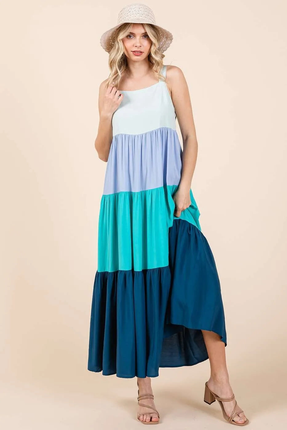Get trendy with Color Block Tiered Pull-On Maxi Dress - Dress available at Styles Code. Grab yours today!