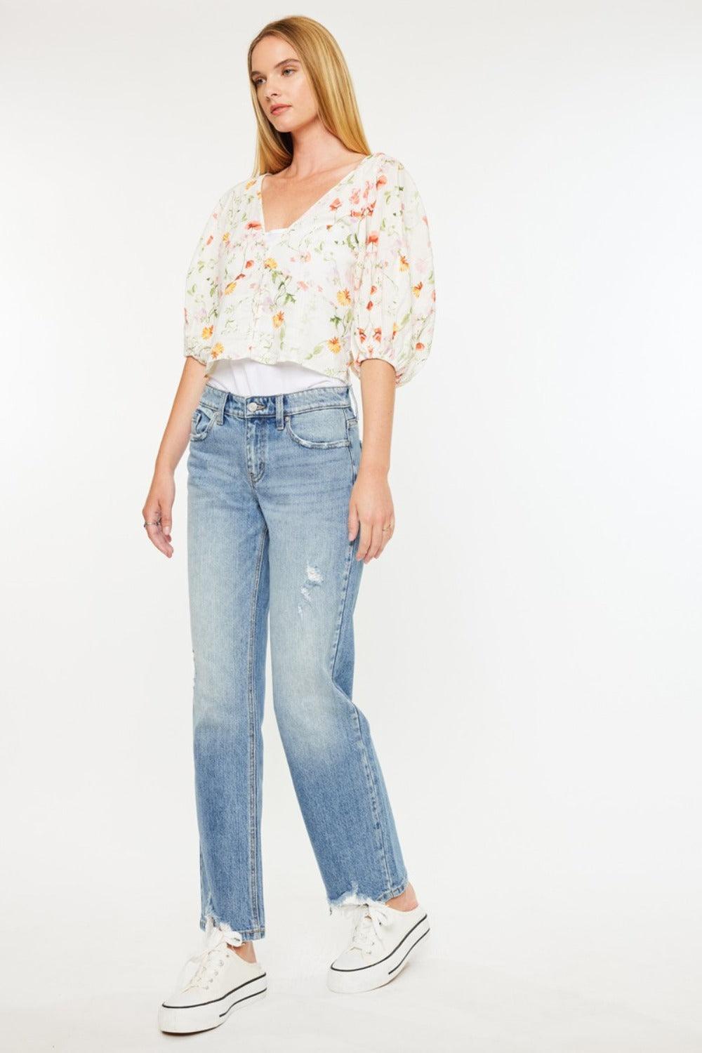 Get trendy with Mid Rise Frayed Hem Straight Jeans - Jeans available at Styles Code. Grab yours today!