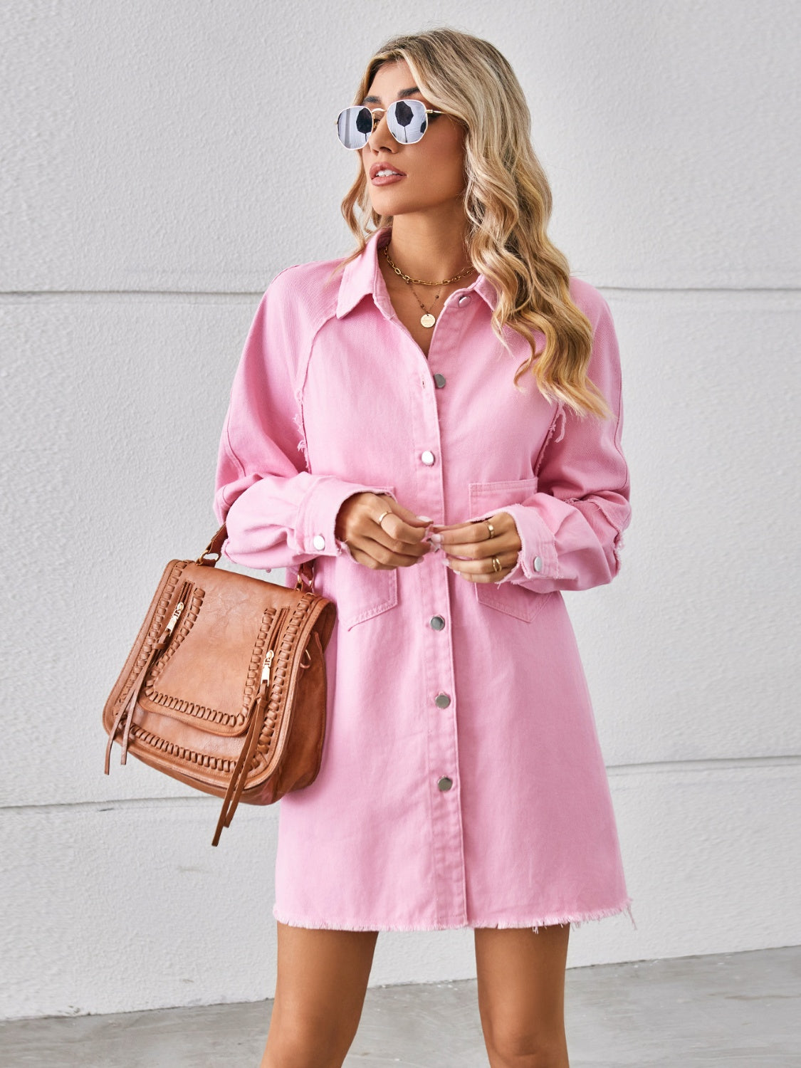 Get trendy with Raw Hem Button Up Denim Dress - Denim Dress available at Styles Code. Grab yours today!