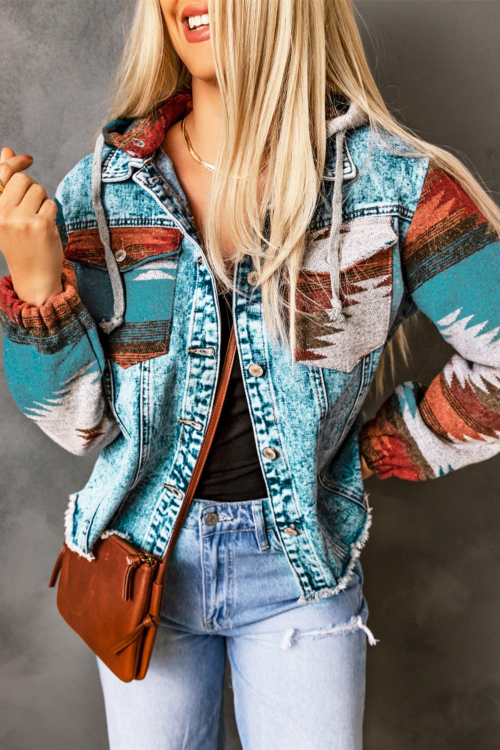 Get trendy with Drawstring Hooded Pocketed Denim Jacket - Denim Jacket available at Styles Code. Grab yours today!
