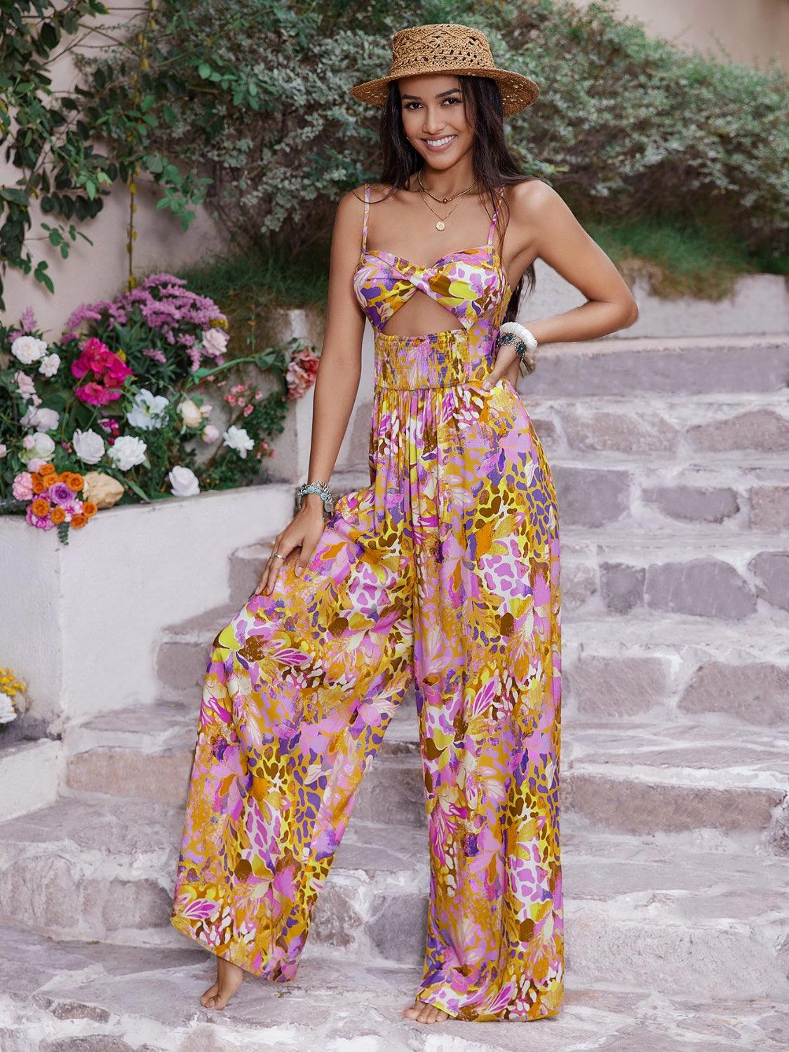Get trendy with Cutout Printed Spaghetti Strap Jumpsuit - Jumpsuit available at Styles Code. Grab yours today!