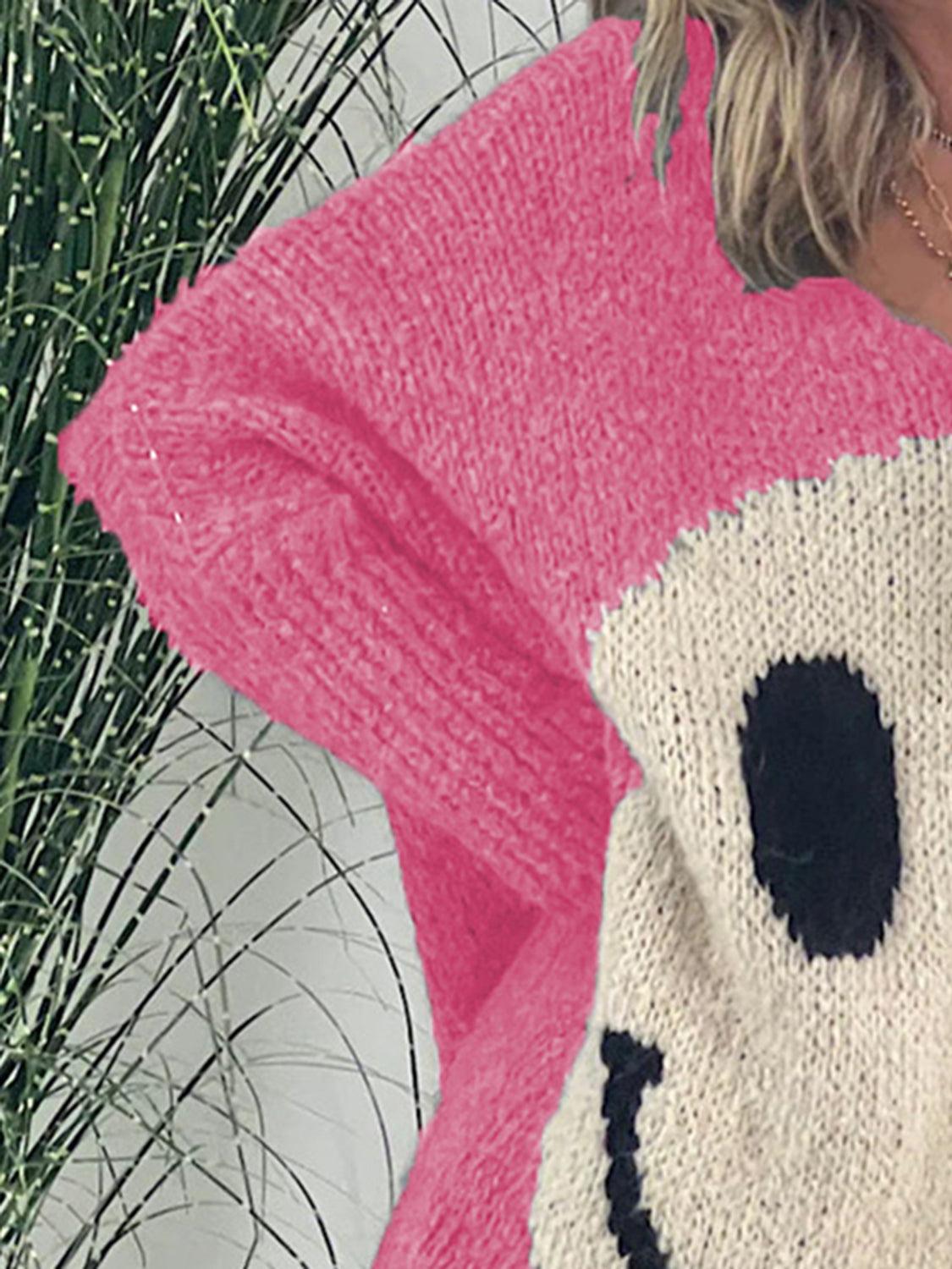 Get trendy with Smiling Face V-Neck Long Sleeve Sweater - available at Styles Code. Grab yours today!