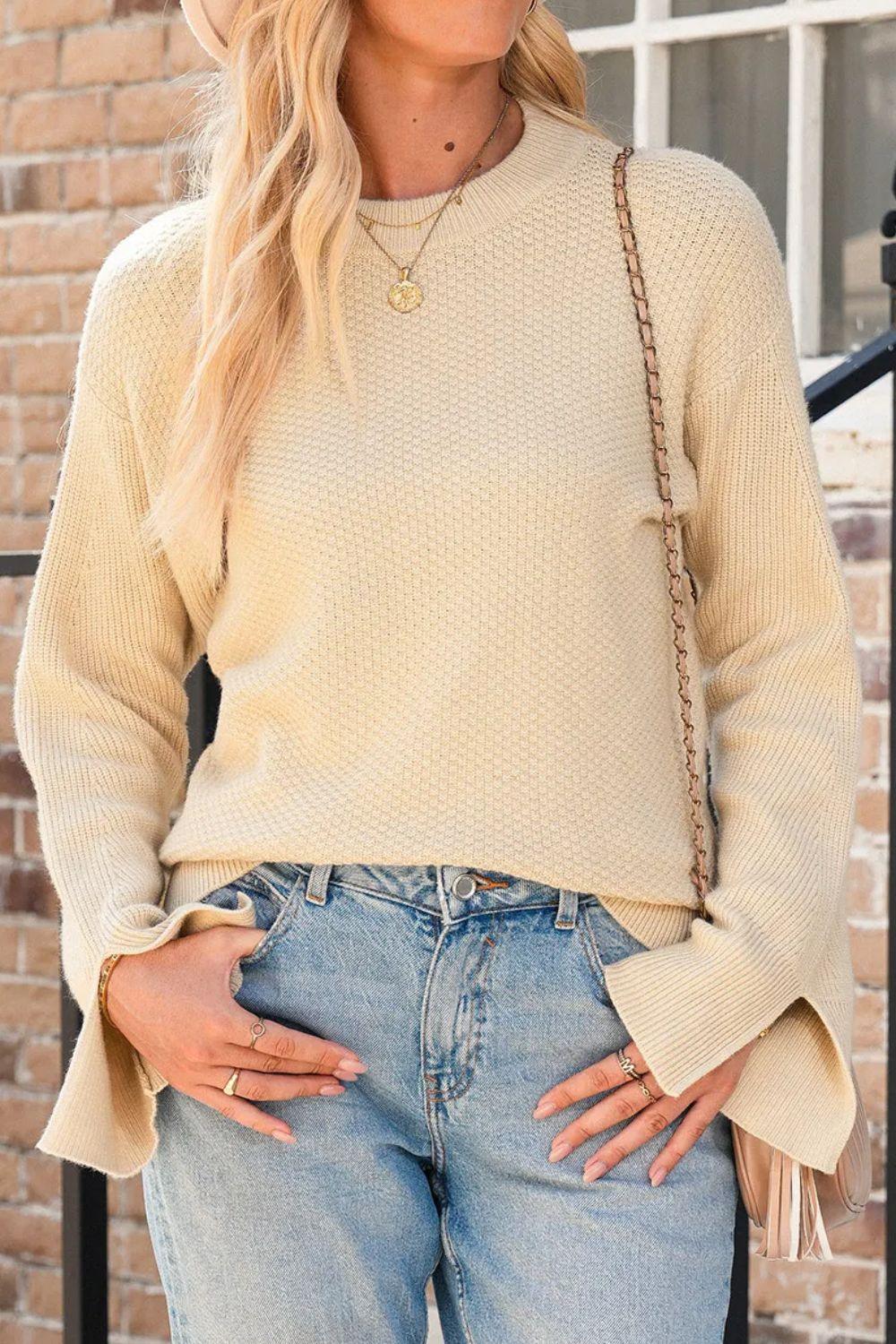 Get trendy with Textured Round Neck Long Sleeve Sweater - available at Styles Code. Grab yours today!