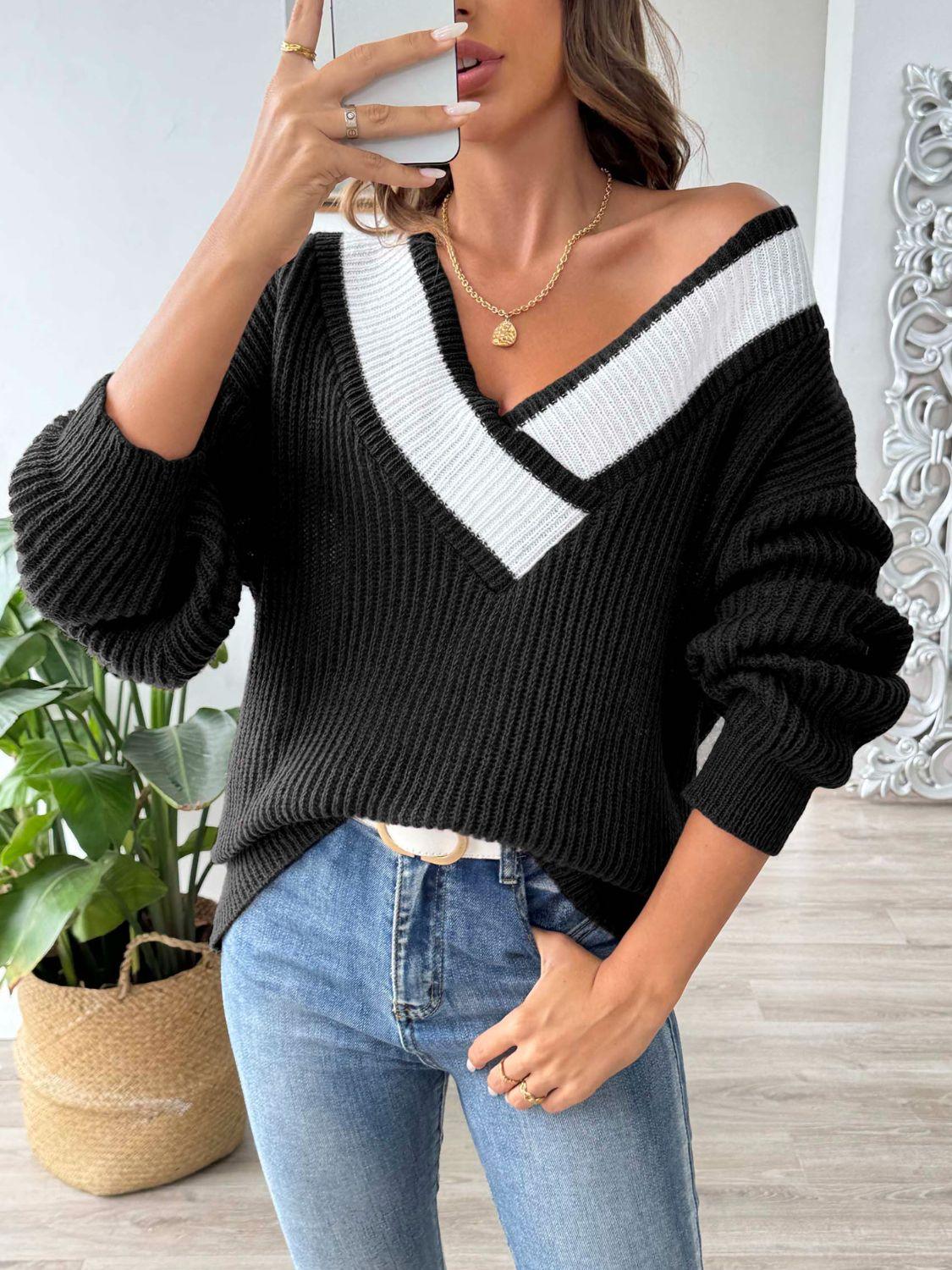 Get trendy with Contrast Dropped Shoulder Long Sleeve Sweater - available at Styles Code. Grab yours today!