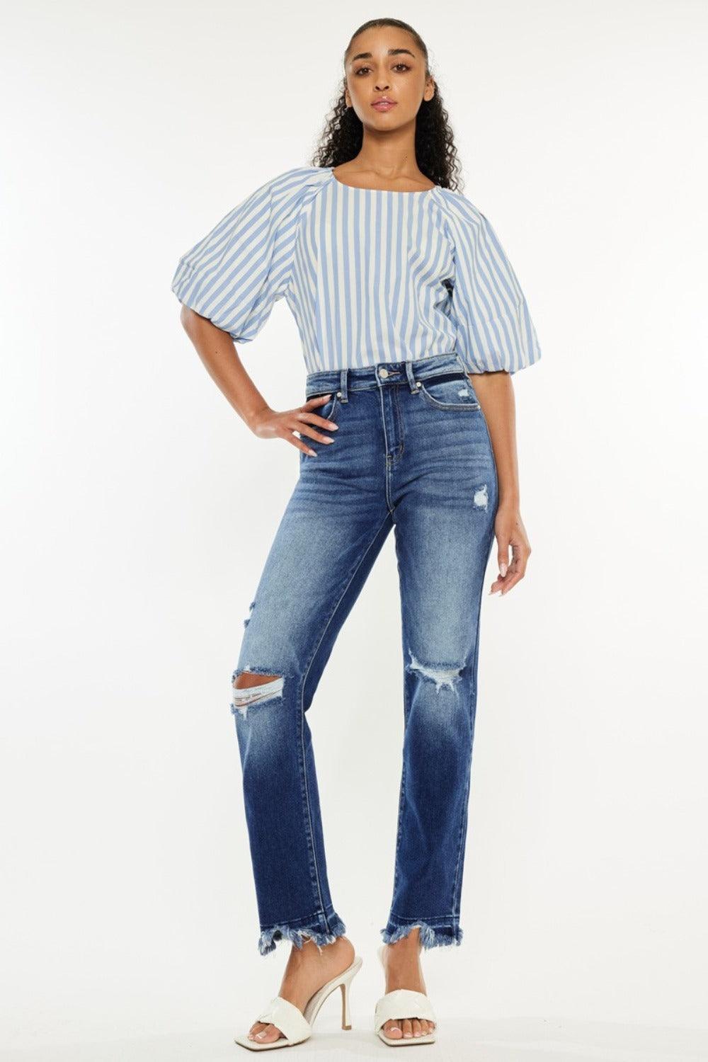 Get trendy with High Rise Distressed Slim Straight Jeans - Jeans available at Styles Code. Grab yours today!