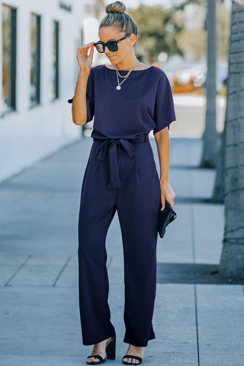 Get trendy with Full Size Tie Waist Straight Leg Jumpsuit - Jumpsuits available at Styles Code. Grab yours today!
