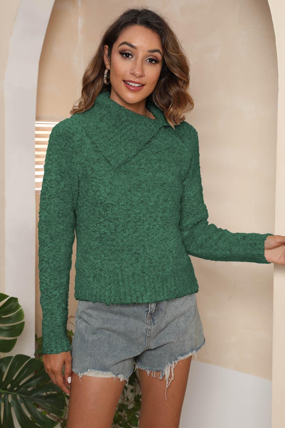 Get trendy with Asymmetrical Neck Long Sleeve Pullover Sweater - Sweater available at Styles Code. Grab yours today!