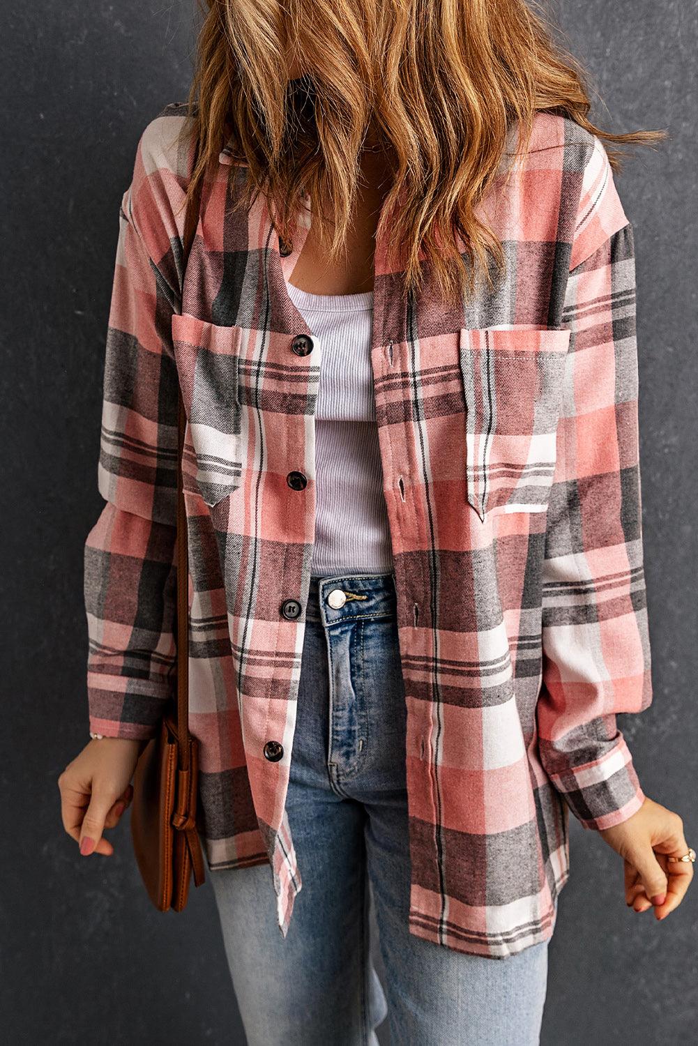 Get trendy with Plaid Dropped Shoulder Longline Shirt - Tops available at Styles Code. Grab yours today!