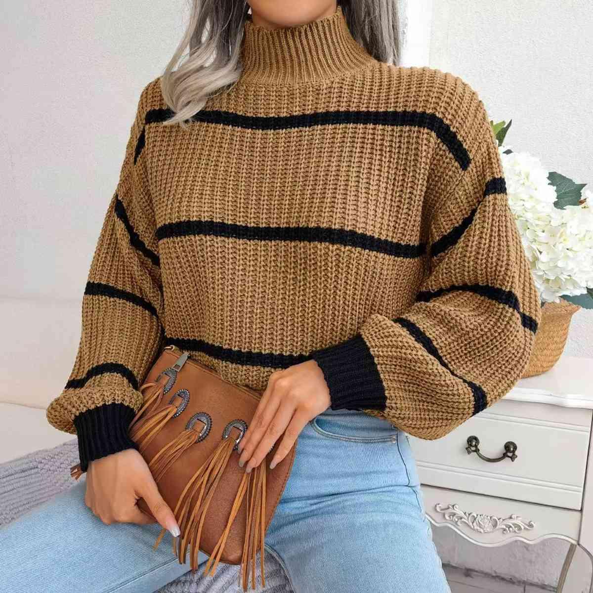 Get trendy with Striped Mock Neck Dropped Shoulder Sweater - Sweater available at Styles Code. Grab yours today!