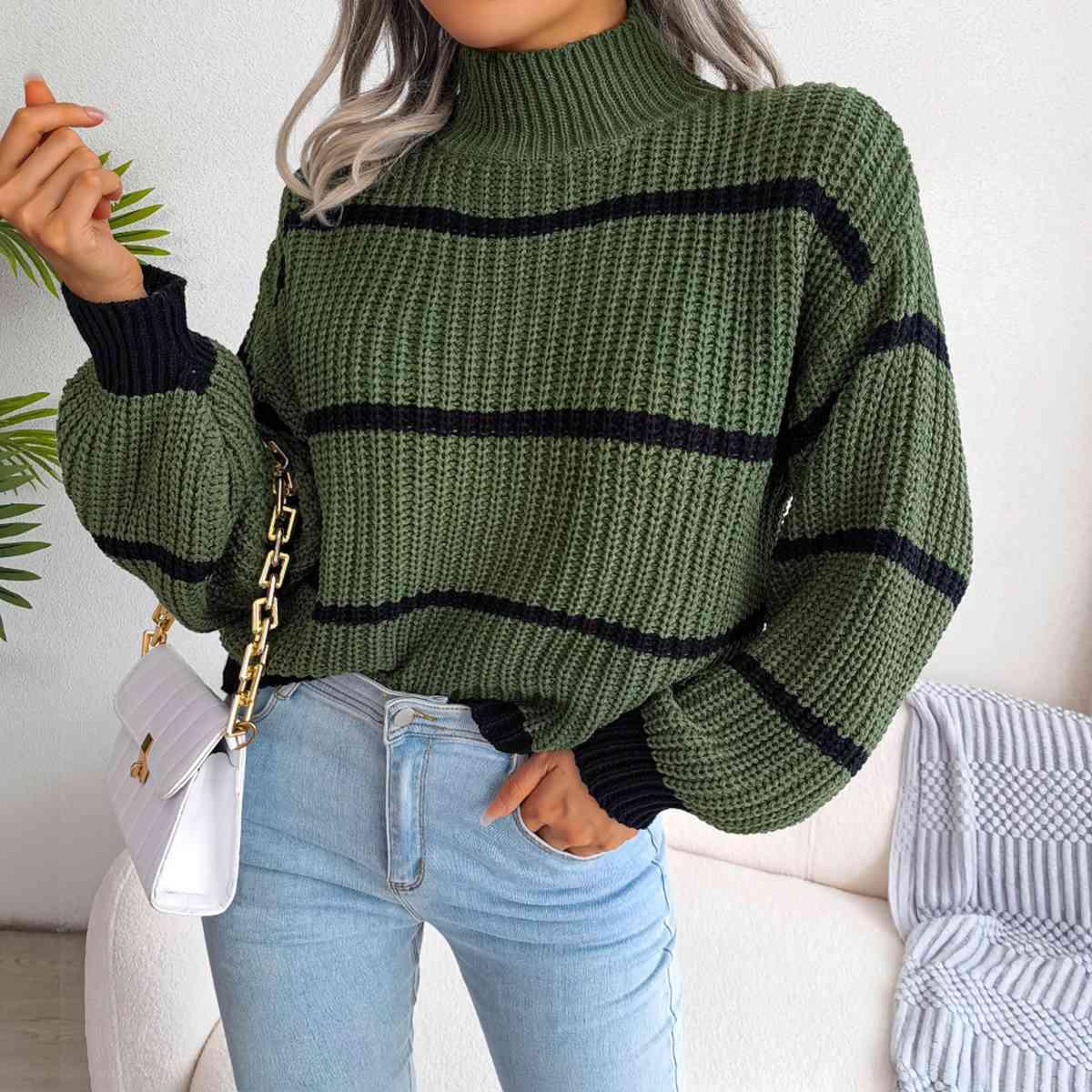 Get trendy with Striped Mock Neck Dropped Shoulder Sweater - Sweater available at Styles Code. Grab yours today!